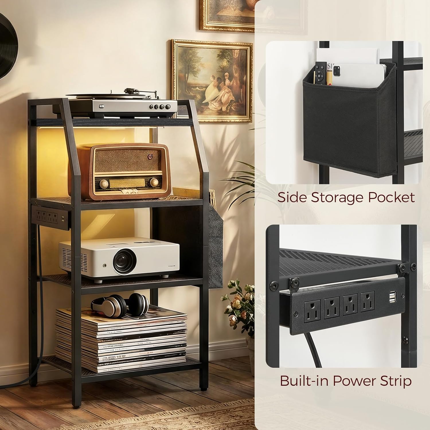 MAHANCRIS 4-Tier AV Media Stand with Power Outlet & LED Lights, Game Console Shelf with Side Storage Bag, Corner Stereo Stand Rack Audio Tower for Small Video DVD Players and Boxes, Black MSBK01E01 - Image 6