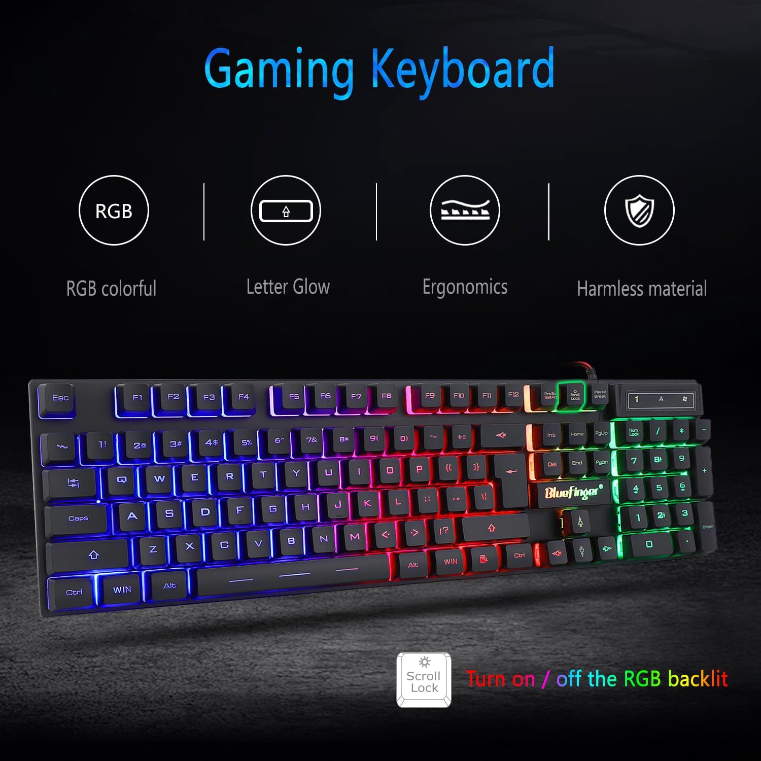 BlueFinger RGB Gaming Keyboard and Backlit Mouse Combo, USB Wired, LED Gaming Set for Laptop PC Computer Game and Work - Image 3