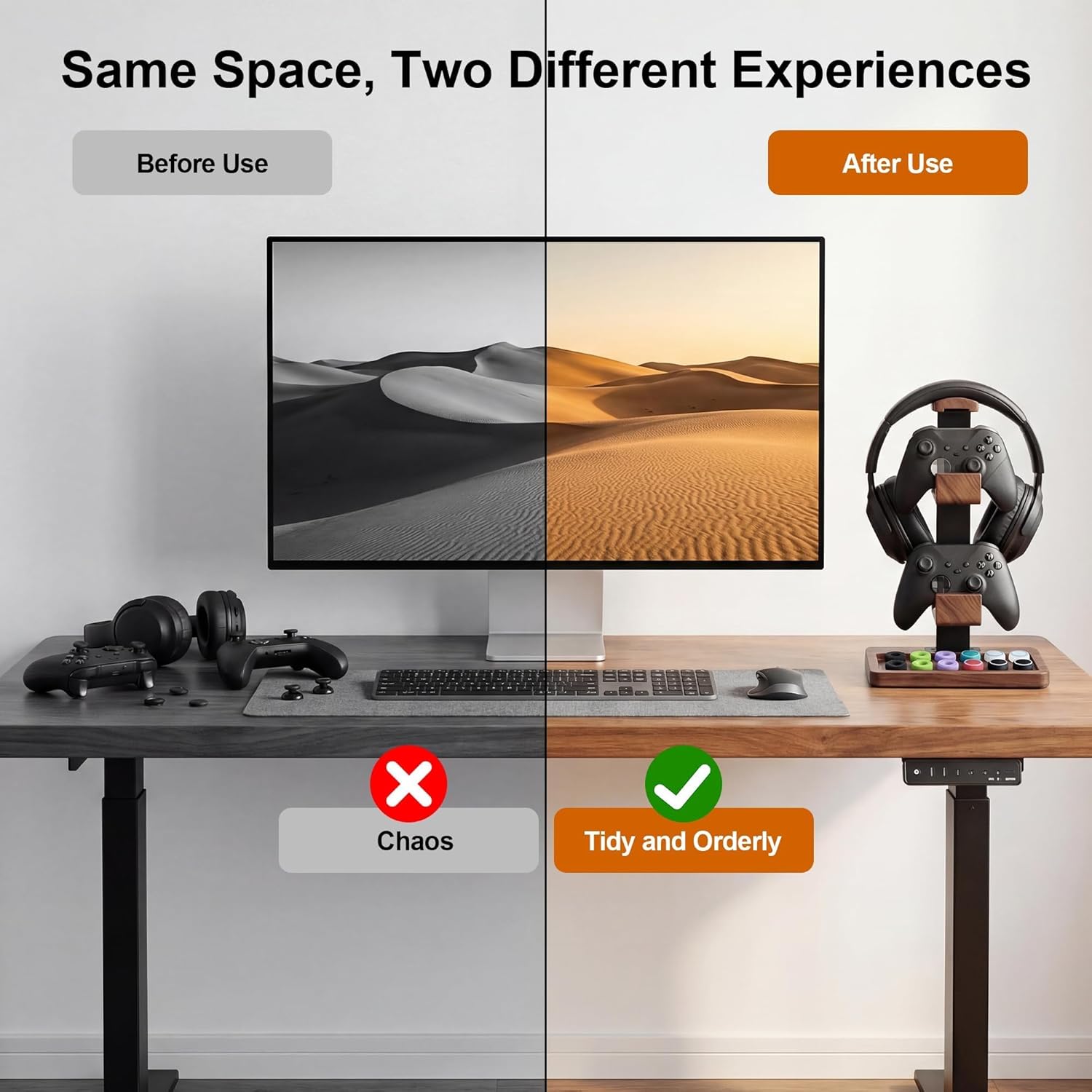 2-in-1 Solid Wood Headset Stand with Dual Game Controller Holder, Gaming Headphone Stand with Storage Base, 6 Joystick Sponge Rings and 8 Thumb Grips Gaming Equipment Accessories for Desk - Image 4