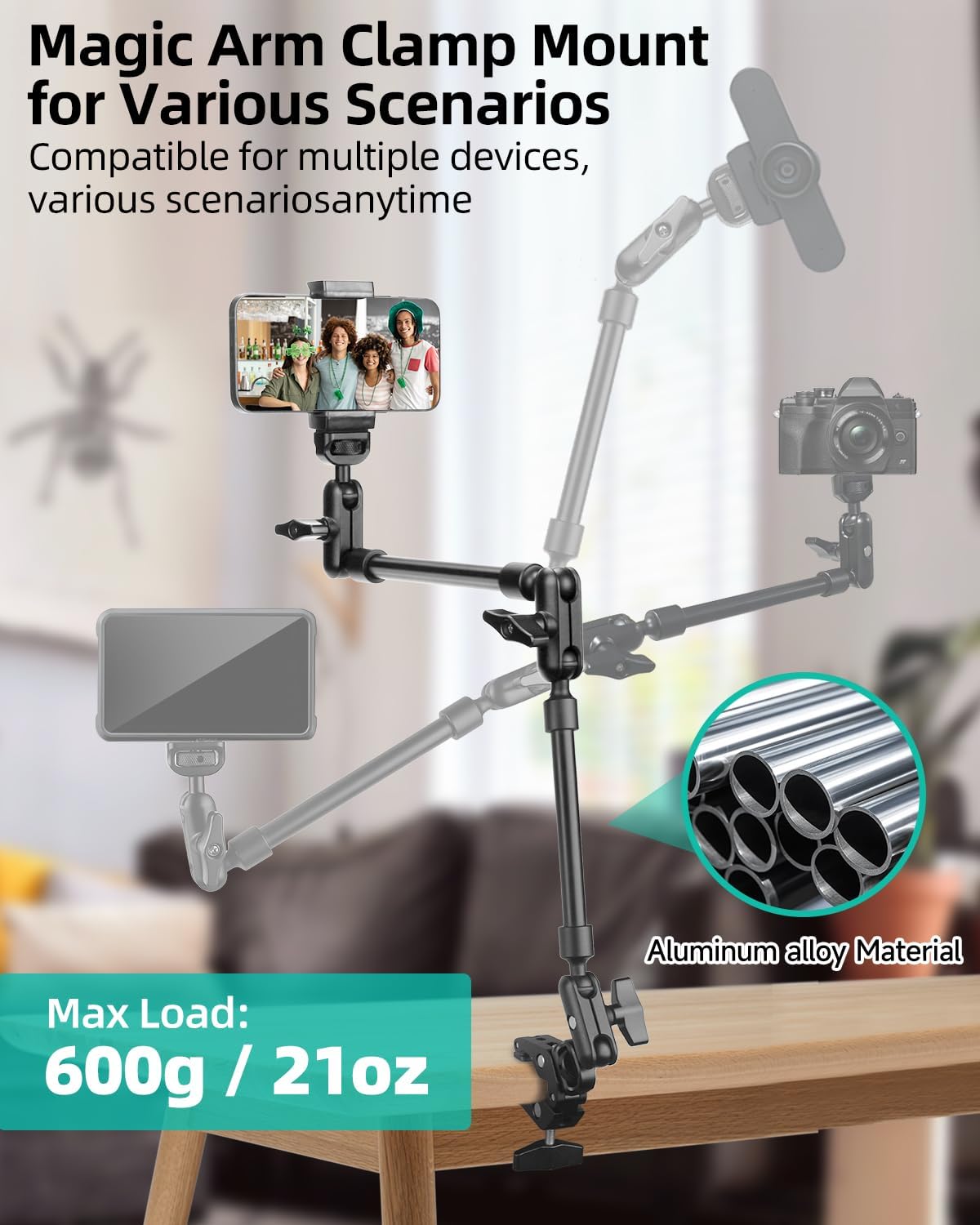 22" Magic Arm w Clamp, Overhead Phone Mount, Desk Camera Mount w Articulating Friction Boom Arm Thread Adapter, for Phone Video Light Webcam Microphone Action Camera Content Creators - Image 4