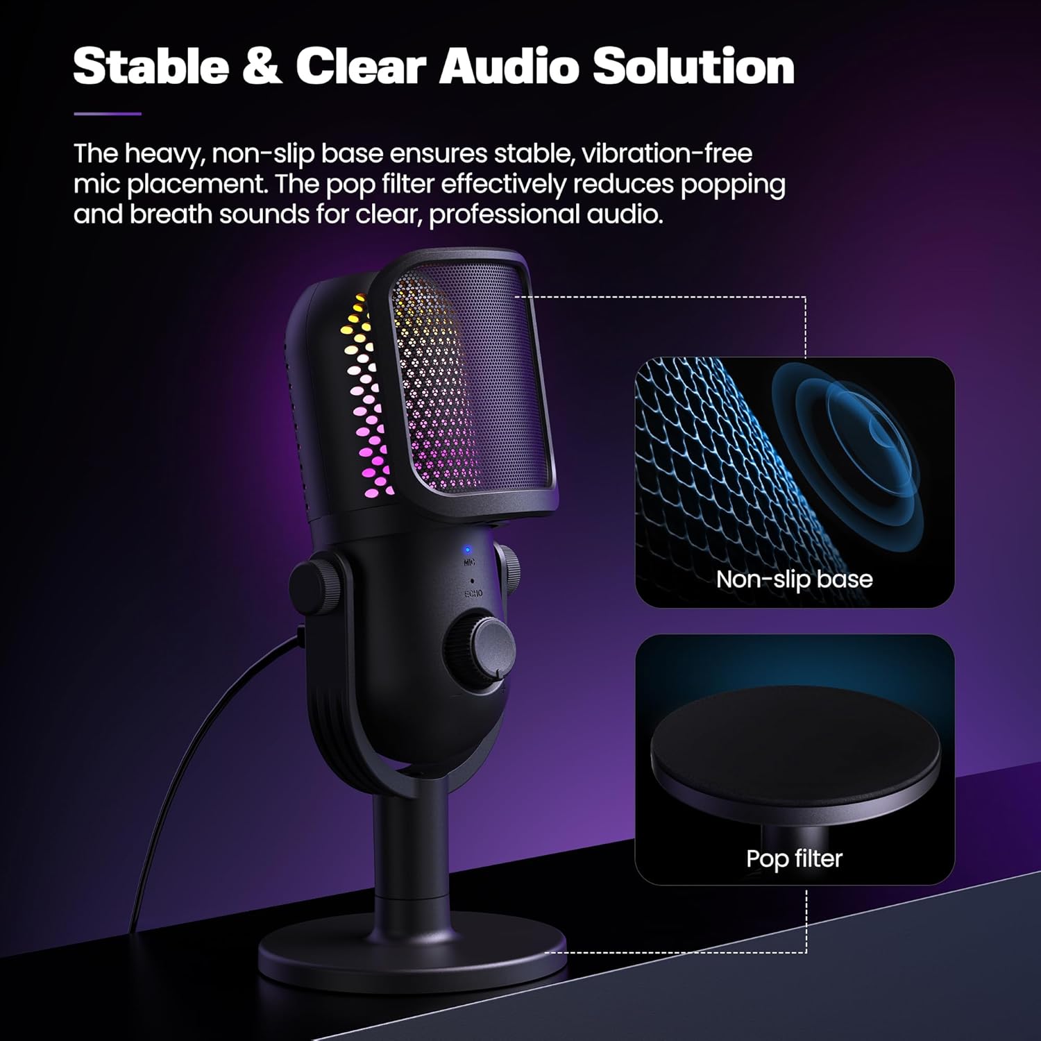 USB Microphone for PC Gaming: Condenser Microphone RGB for Gamer with Stand Mic - Recording Mic for Computer&Laptop with Qiuck Mute - Desk Podcast Mic for Podcast & Singing & Streaming & Youtube Black - Image 6
