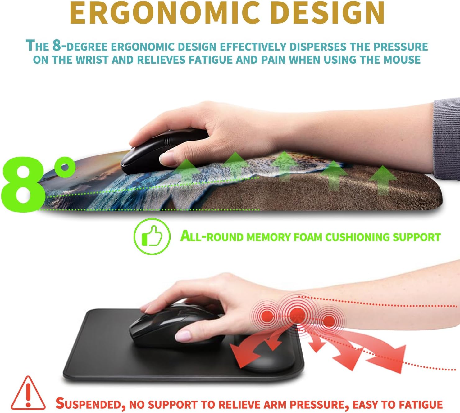 Hokafenle Ergonomic Mouse Pad Wrist Support with Massage Design, Wrist Rest Pain Relief Mousepad with Memory Foam&Non-Slip PU Base, Mouse Pads for Wireless Mouse & Desk (12x8 inch,Sunrise Beach) - Image 5
