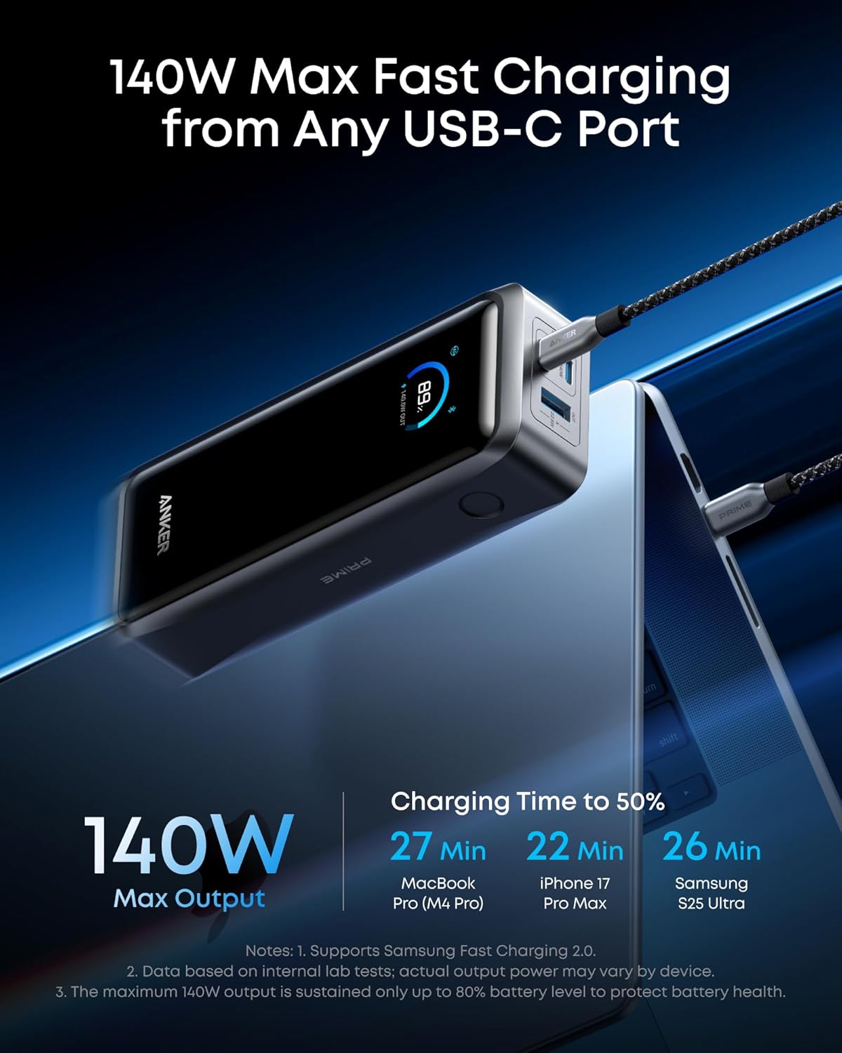 Anker Prime Power Bank, 26,250mAh 3-Port Portable Charger with 300W Max Output, Two-Way Charging, TSA-Approved, App Control, for MacBook, iPhone 17/16 Series, and More (Base Not Included) - Image 3
