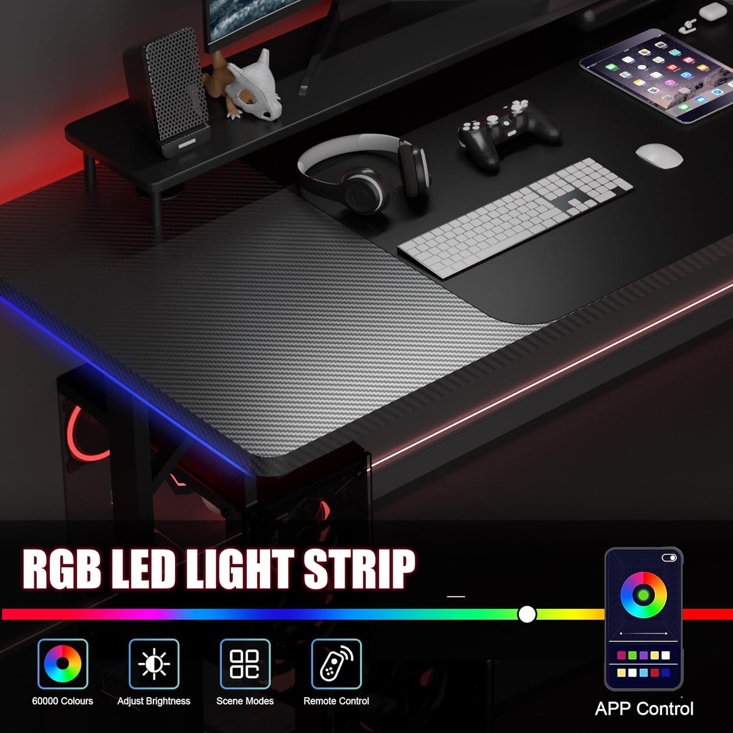GTPLAYER 55 Inch Gaming Desk with LED Lights, Large Computer Desk with Mouse Pad for Home Office, T-Shaped Carbon Fibre Surface PC Game Workstations with Headphone Hook - Image 4