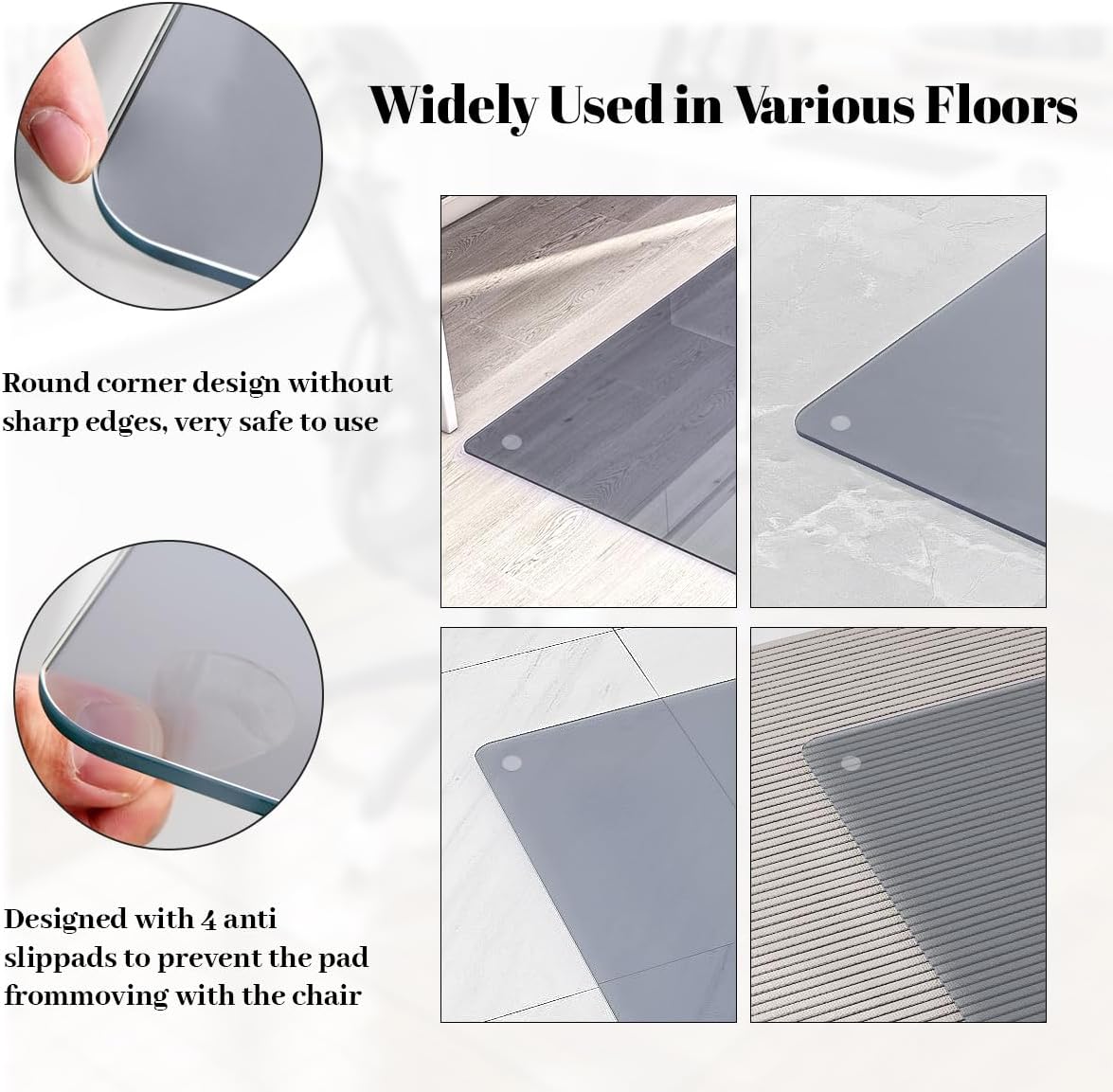 Tempered Glass Floor Mat for Office Chair, 36" x 46" Heavy Duty Hard Office Chair Mat, for Carpeted or Hard Floor, with 4 Anti-Slip Pads, Grey - Image 4