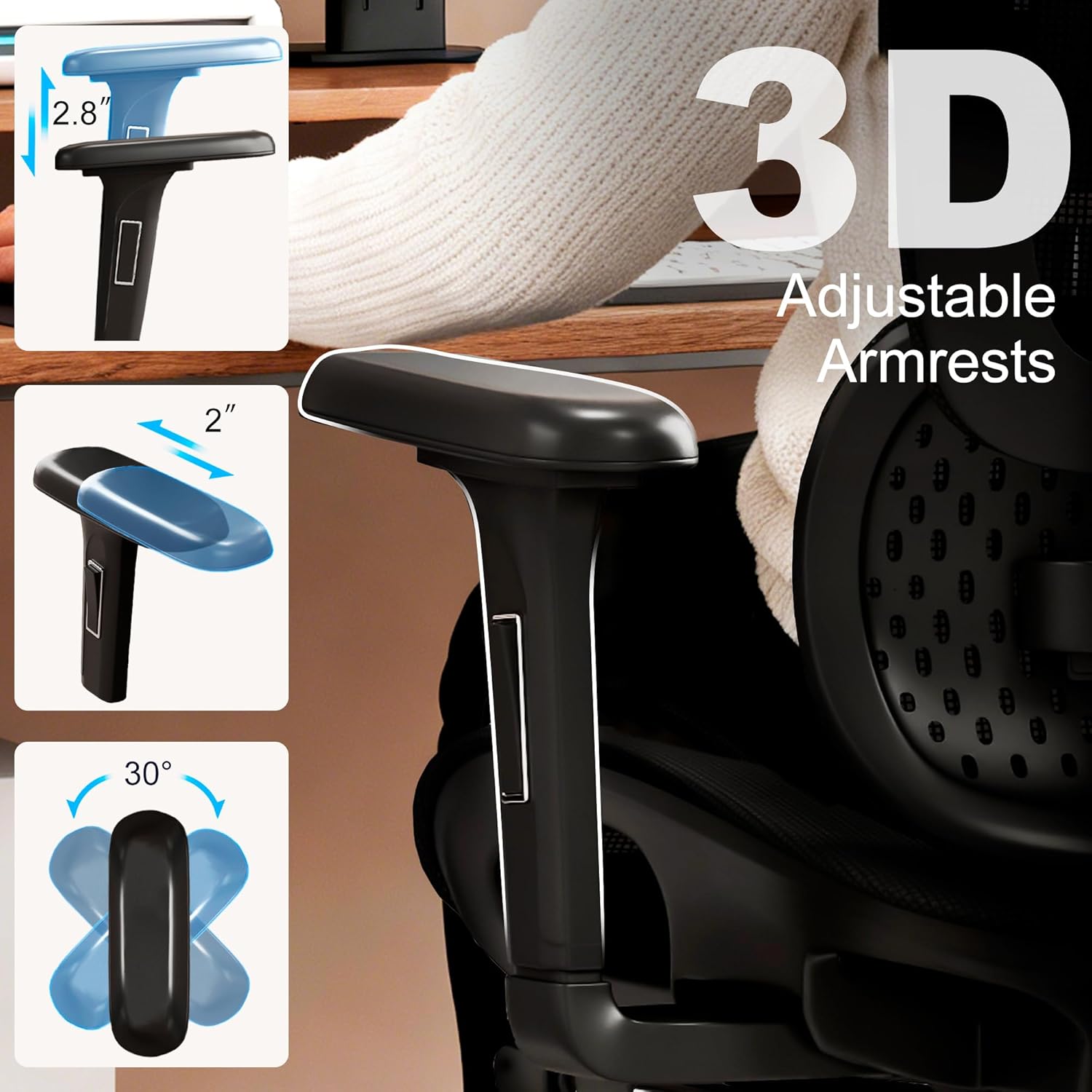 Vonesse Ergonomic Office Chair with Footrest, Desk Chairs with Adjustable 3D Headrest and Armrests, Computer Gaming Chair with Dynamic Lumbar Support & Adjustable Depth Breathable Mesh Seat (Black) - Image 6