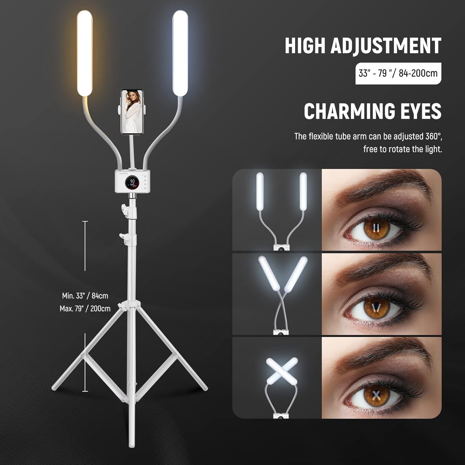 NEEWER Esthetician Light with Phone Holder & Travel Bag Kit, Support 2.4G/PC/MAC Control & Separate Control of 2 LED Light Heads, CRI98+ Bi Color Stepless Dimmable Tattoo Lighting Lash Lamp, BH40B - Image 8