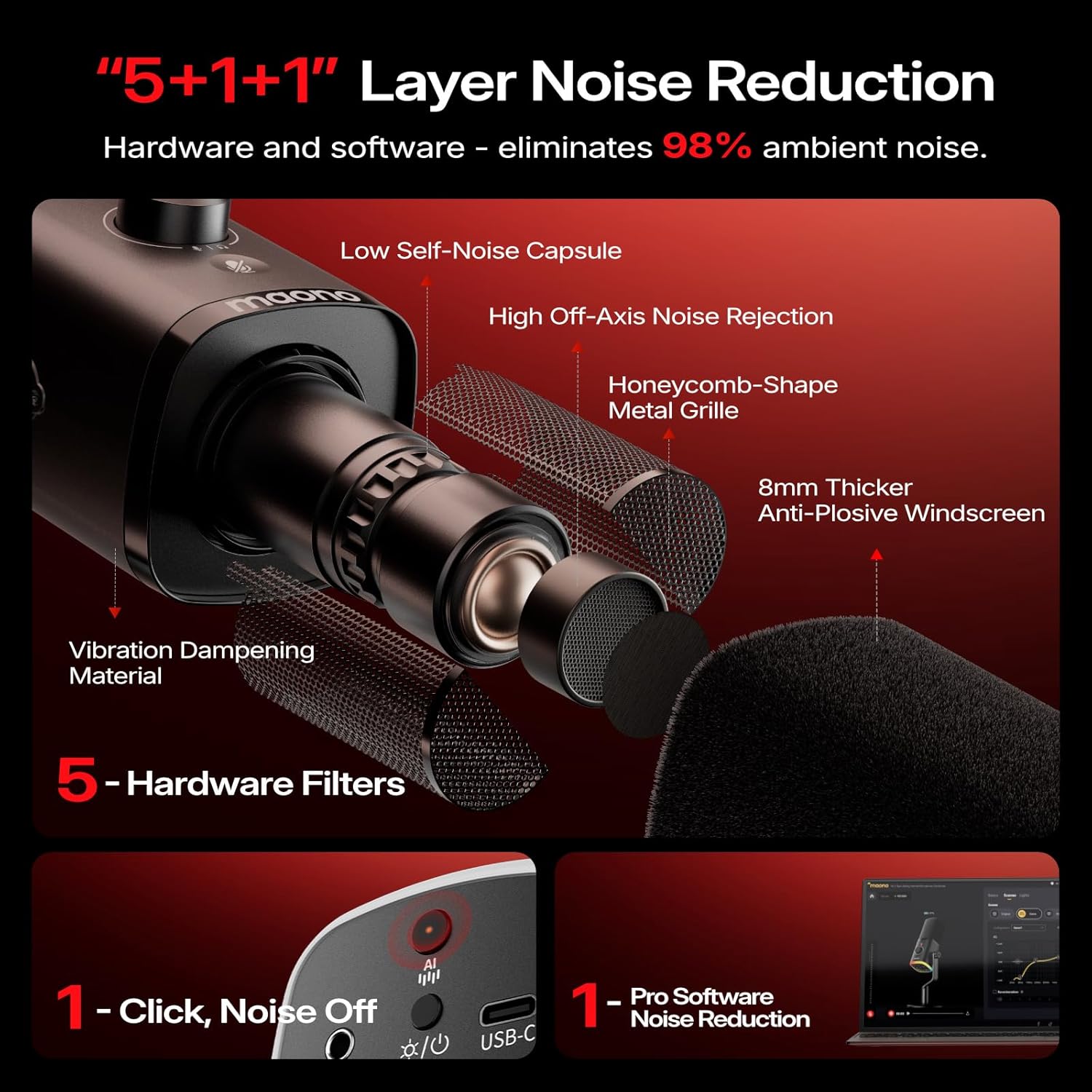MAONO PD100W USB Wireless Microphone for PC, Gaming Streaming Dynamic Mic with One-Click Noise Reduction,Mute Button,Custom RGB, 3.5mm Headphone Jack, Desktop Podcasting Mic for Computer Phone, Black - Image 5