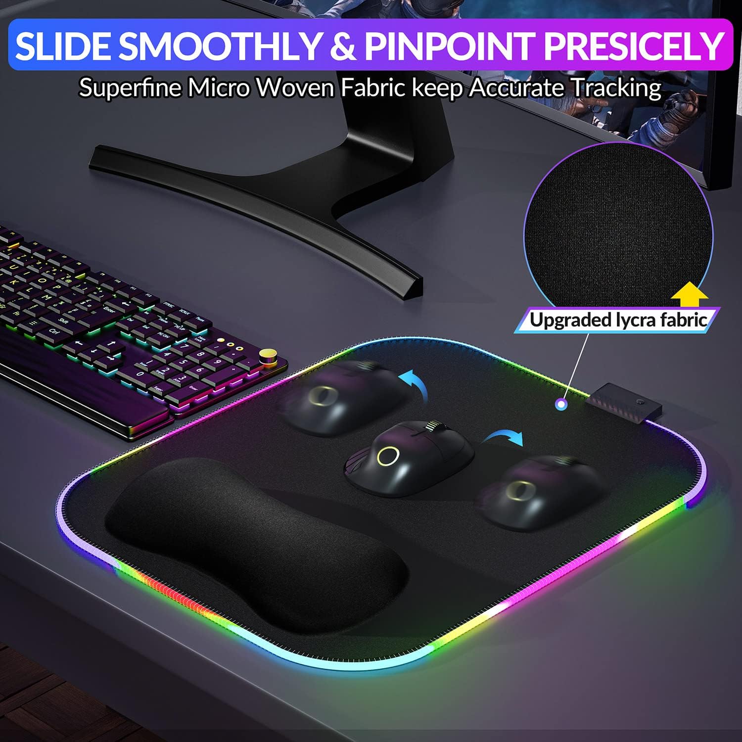 Gimars RGB Mouse Pad with Wrist Rest Support, 12 x 10 in Extra Large Ergonomic Gaming Mouse Pad with 10 LED Lighting Modes, Non-Slip Rubber Base for PC Gaming & Office - Image 5