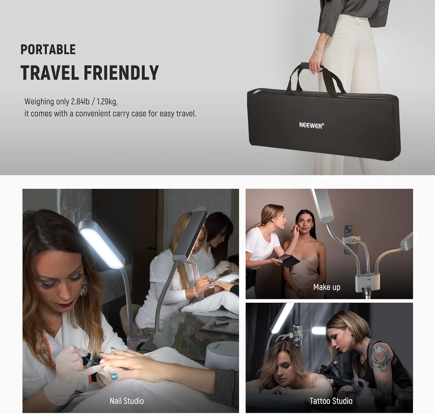 NEEWER Esthetician Light with Phone Holder & Travel Bag Kit, Support 2.4G/PC/MAC Control & Separate Control of 2 LED Light Heads, CRI98+ Bi Color Stepless Dimmable Tattoo Lighting Lash Lamp, BH40B - Image 5