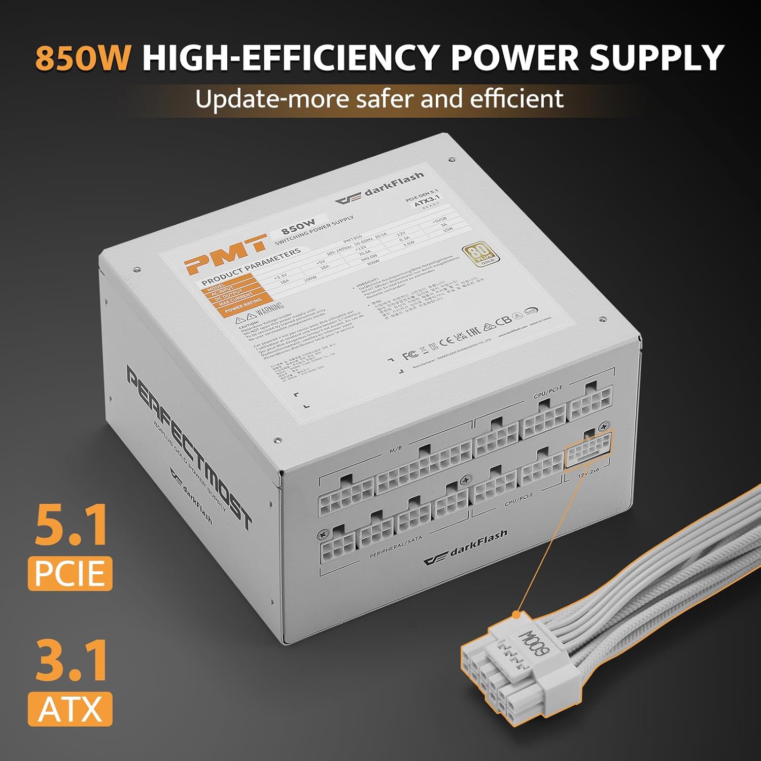 darkFlash PMT Fully Modular Power Supply ATX 3.1& PCIe 5.1 Ready, 2 x 12VHPWR Cable Included, 100% Japanese 105°C Capacitors, 80 Plus Gold Gaming PSU (80+ Gold (ATX 3.1) WT, 850 Watts) - Image 2