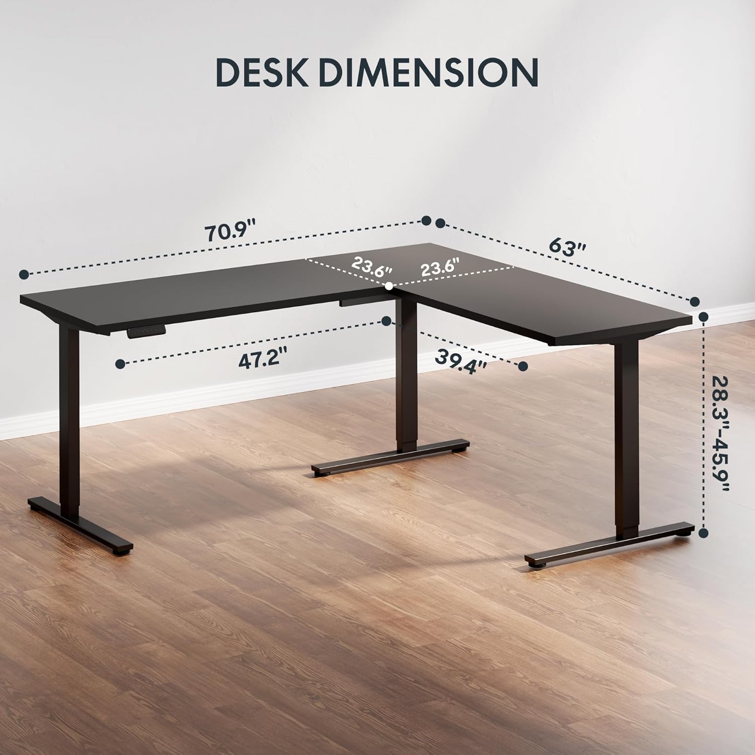 SANODESK L Shaped Standing Desk Adjustable Height, Electric Corner Standing Desk, 71 x 63 inch Sit Stand Computer Table with Splice Board, Black - Image 3