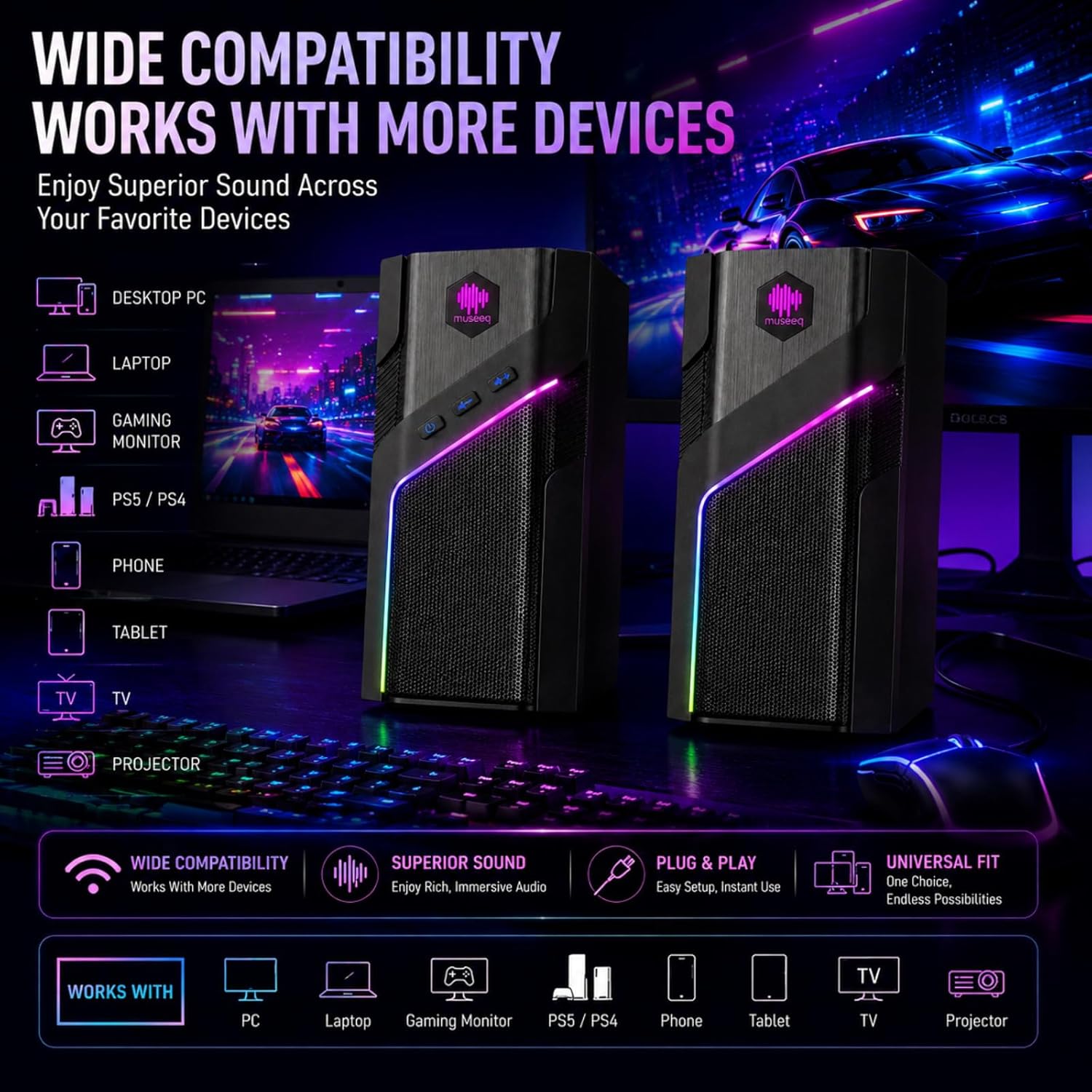 W-206RE RGB Gaming Speakers for PC, Bluetooth & USB Desktop Speakers for Gaming PC and Monitor, Touch Control Stereo Computer Speakers with 21 LED Light Modes - Image 5