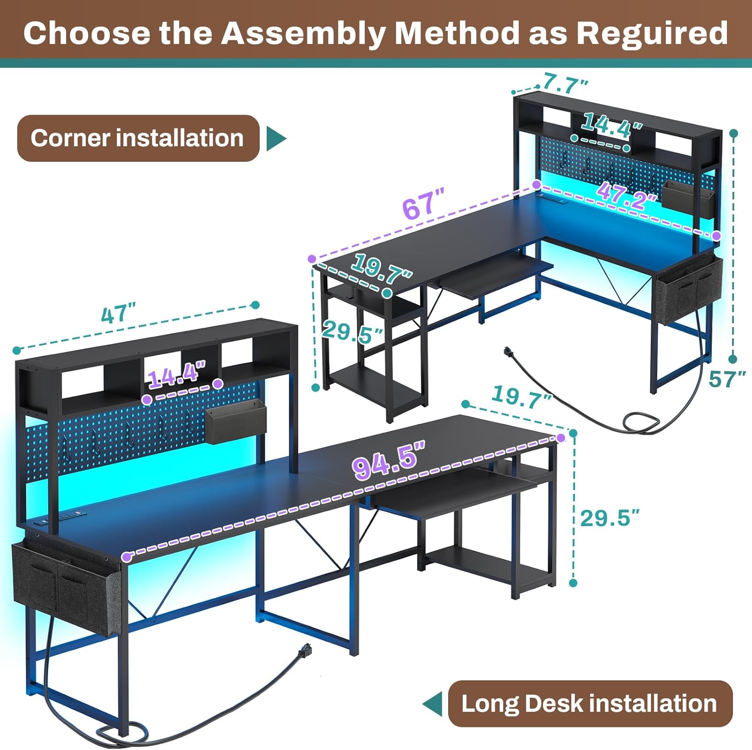 SEDETA L Shaped Gaming Desk, Reversible Computer Desk with Power Outlet and Pegboard, Gaming Desk with Led Lights, Keyboard Tray and Storage Bag for Home Office, Black - Image 3