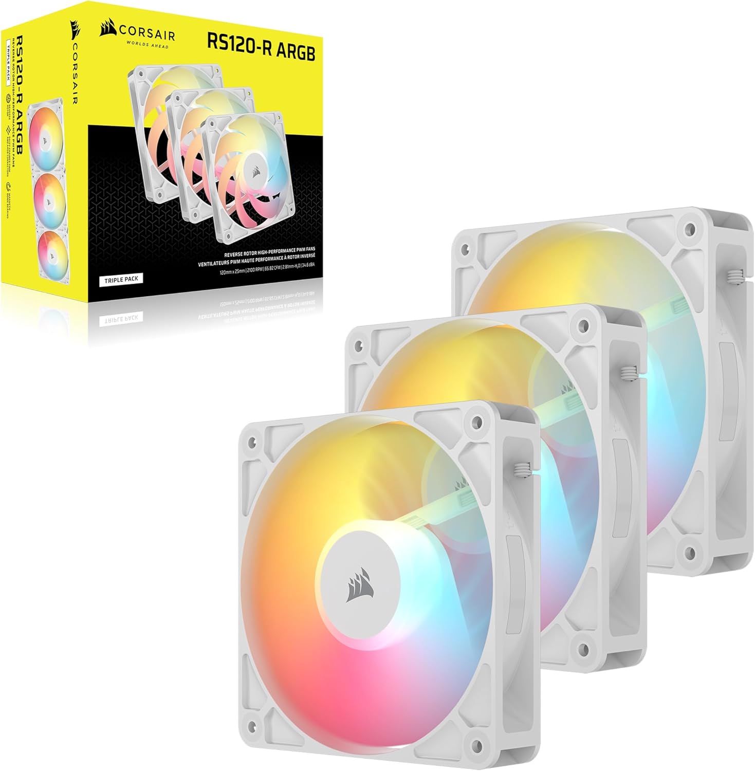 Corsair RS120-R ARGB 120mm PWM ARGB Reverse Fans – Reverse Rotor, +5V ARGB Connections, Eight RGB LEDs, High Static Pressure, Daisy-Chain, Magnetic Dome Bearing, Zero RPM Mode – Triple Pack – White - Image 8