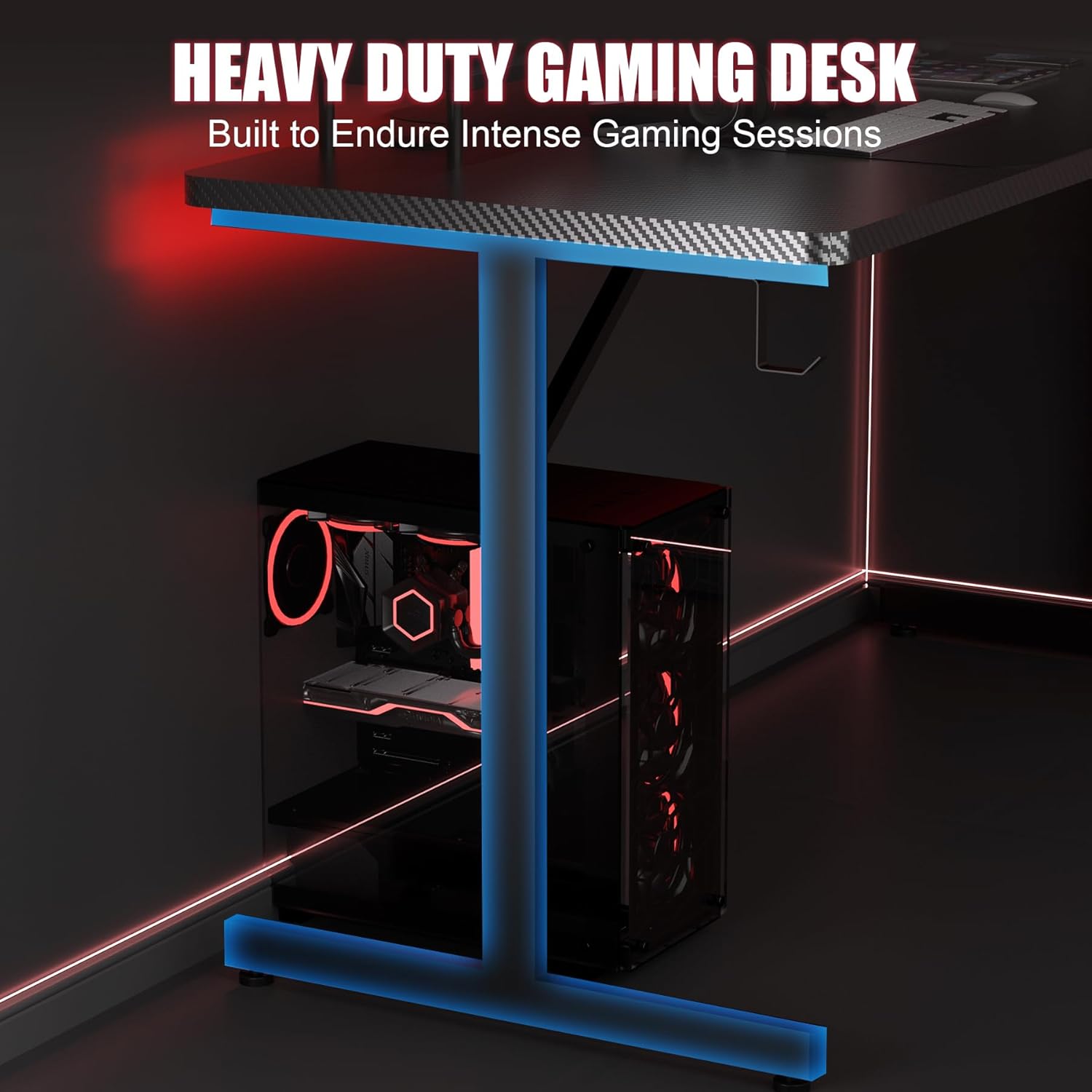 GTPLAYER 55 Inch Gaming Desk with LED Lights, Large Computer Desk with Mouse Pad for Home Office, T-Shaped Carbon Fibre Surface PC Game Workstations with Headphone Hook - Image 8