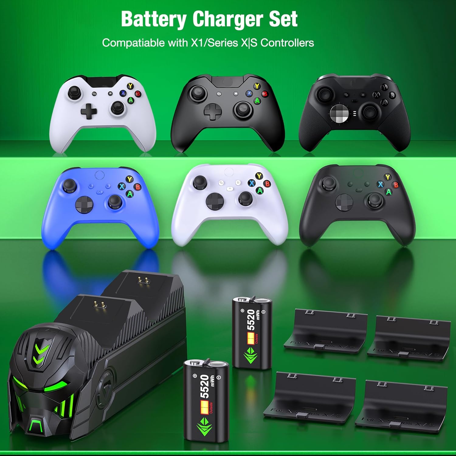 Charger Station Compatible with Xbox Controllers, 2x5520mWh Rechargeable Battery Pack for Xbox One/Series X|S Controllers with Dual Charging Dock and 4 Covers (Controller Not Included) - Image 4