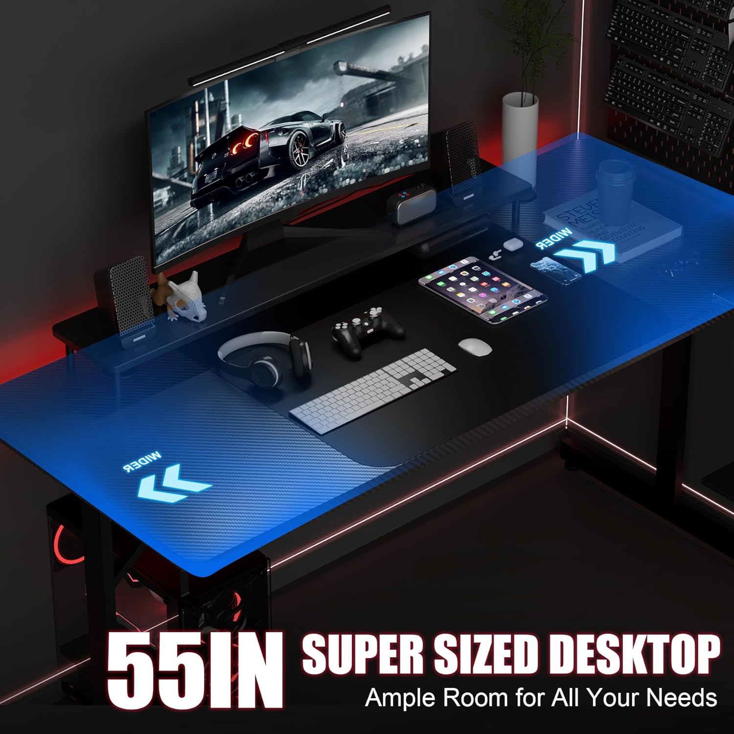 GTPLAYER 55 Inch Gaming Desk with LED Lights, Large Computer Desk with Mouse Pad for Home Office, T-Shaped Carbon Fibre Surface PC Game Workstations with Headphone Hook - Image 5