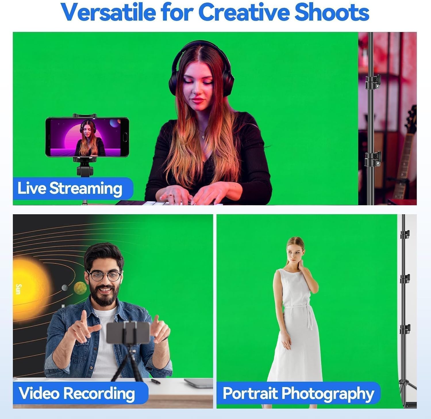 EMART 8.5 x 10ft Green Screen Backdrop Kit with Tripod Stand, Photography Background Support System with 10 x12ft 100% Cotton Muslin Chromakey Backdrop for Photo Studio, Video Shooting, Live Streaming - Image 3