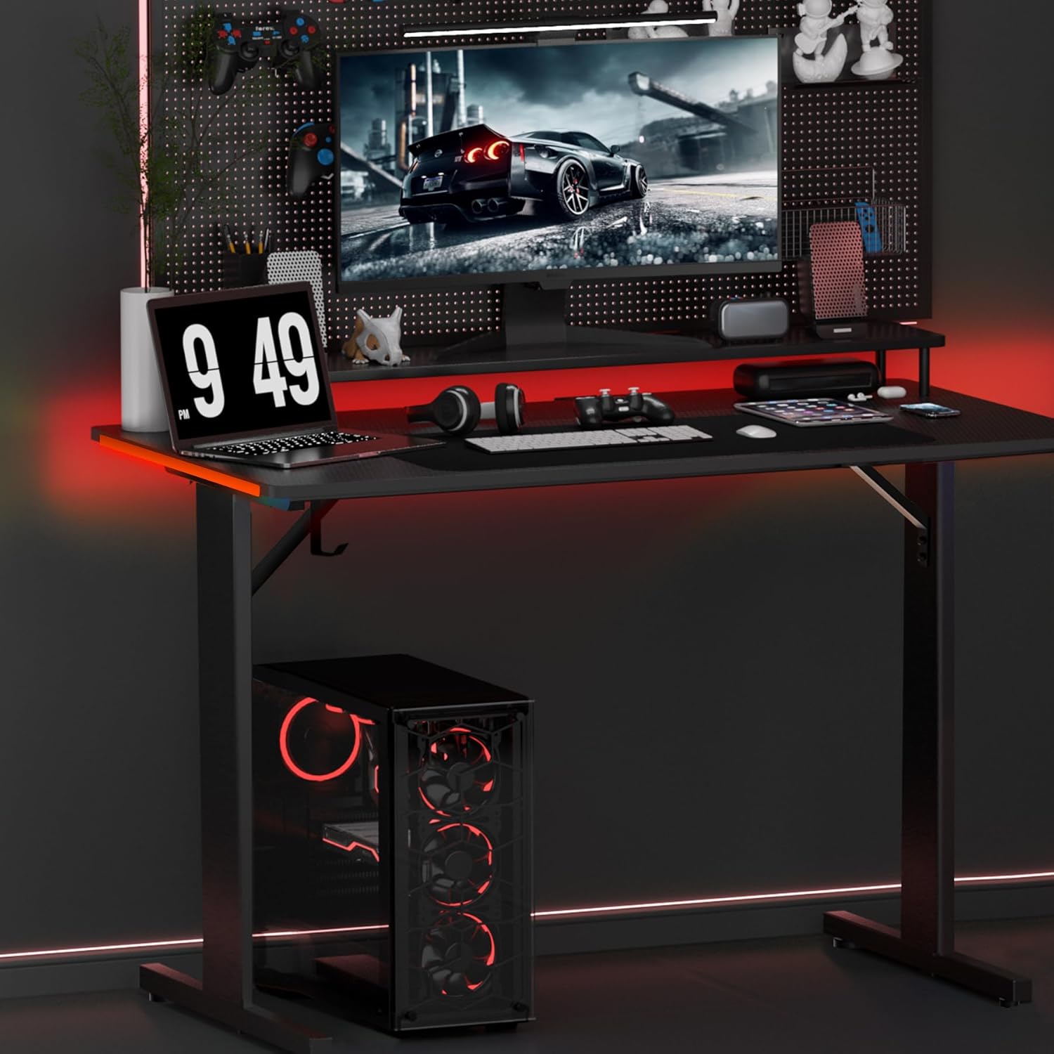 GTPLAYER 55 Inch Gaming Desk with LED Lights, Large Computer Desk with Mouse Pad for Home Office, T-Shaped Carbon Fibre Surface PC Game Workstations with Headphone Hook - Image 2