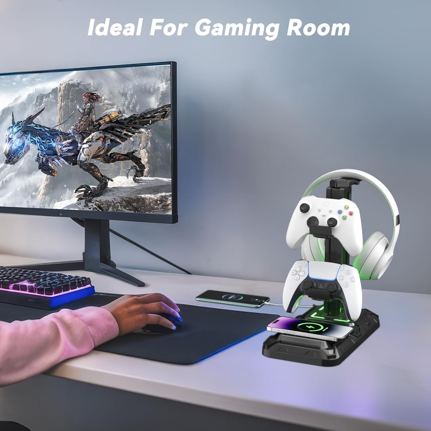 KDD Headphone & Controller Stand with Wireless Charging - Rotatable Headset Stand with 9 Light Modes - Controller Holder with 2 USB and Type C Ports - for Gamers Desktop Accessories - Image 7