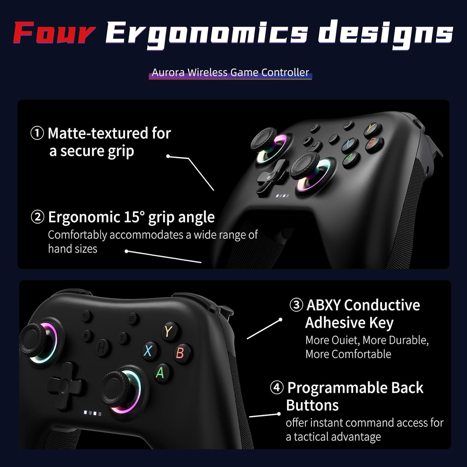 AceGamer Aurora II 2.4G Wireless Bluetooth Controller for PC/Android/Switch/iOS/Switch 2/Steam Deck with Rotary Motors, RGB Hall Effect Joysticks - Upgraded PC Gaming Controller and Back Buttons Lock - Image 6