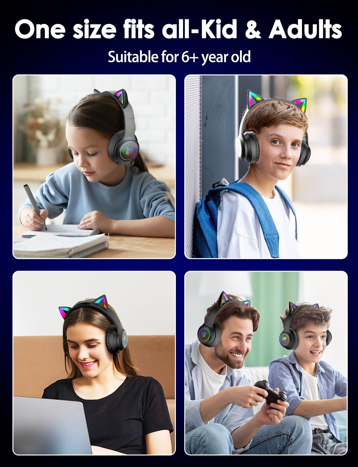 Cat Ear Bluetooth Headphones for Kids & Adults, 55H Play Time, Wireless Foldable & Wired Multi-Function LED Light Up Over Ear Headphones with Mic and Volume Control for iPhone/iPad/Laptop/PC - Image 8