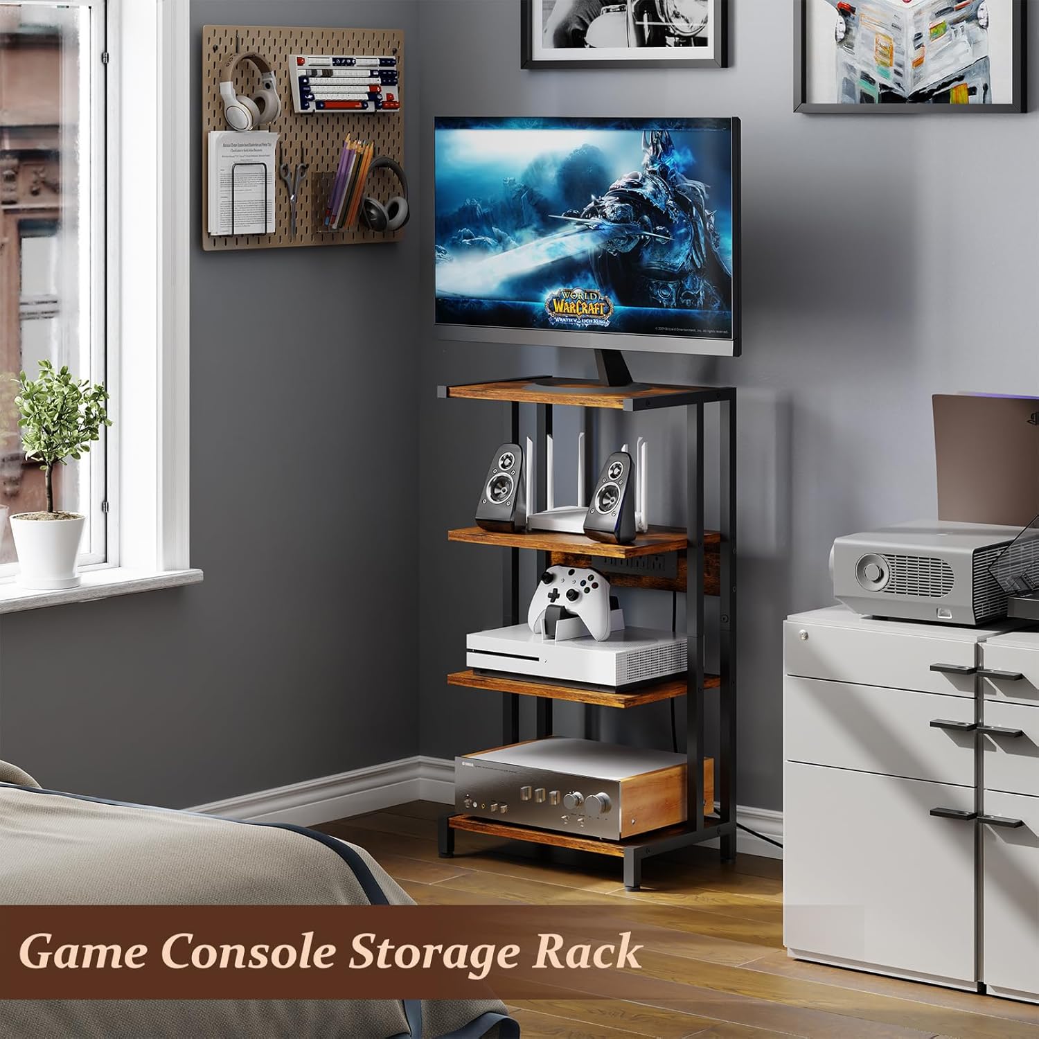 X-cosrack 16.5" Game Console Shelf, Small 4-Tier Video Gaming Consoles Stand with Outlet, Narrow Stereo Cabinet AV Media Stand, Corner Audio Rack for PS5,Xbox,Game Console,TV Box,WiFi Router - Image 2