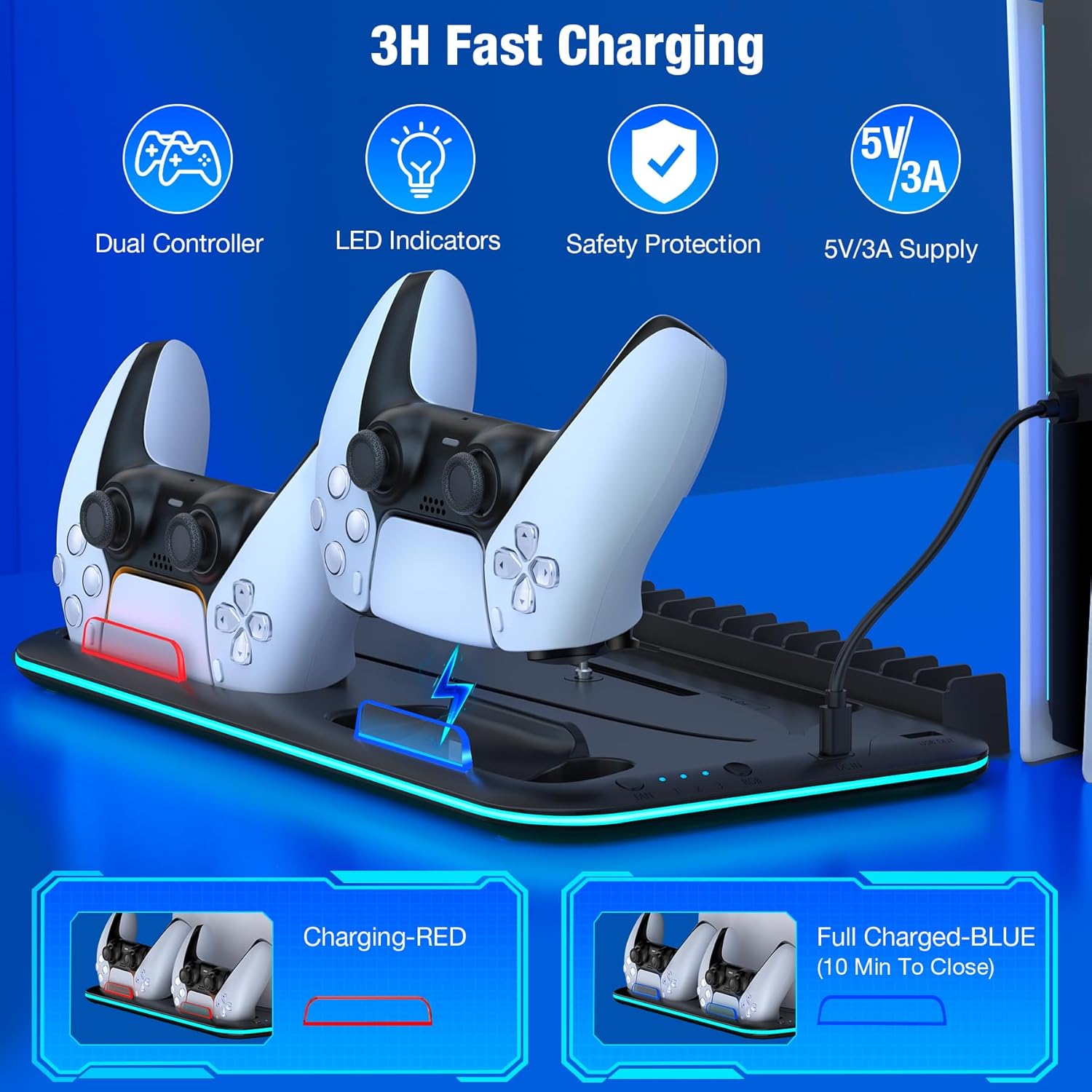 PS5/Slim/Pro Stand and Cooling Station with Controller Charging Station for PlayStation 5 Slim/Pro Console, PS5 Controller Charger, Cooling Stand, LED Light, Headset Holder for PS5 Accessories - Image 4