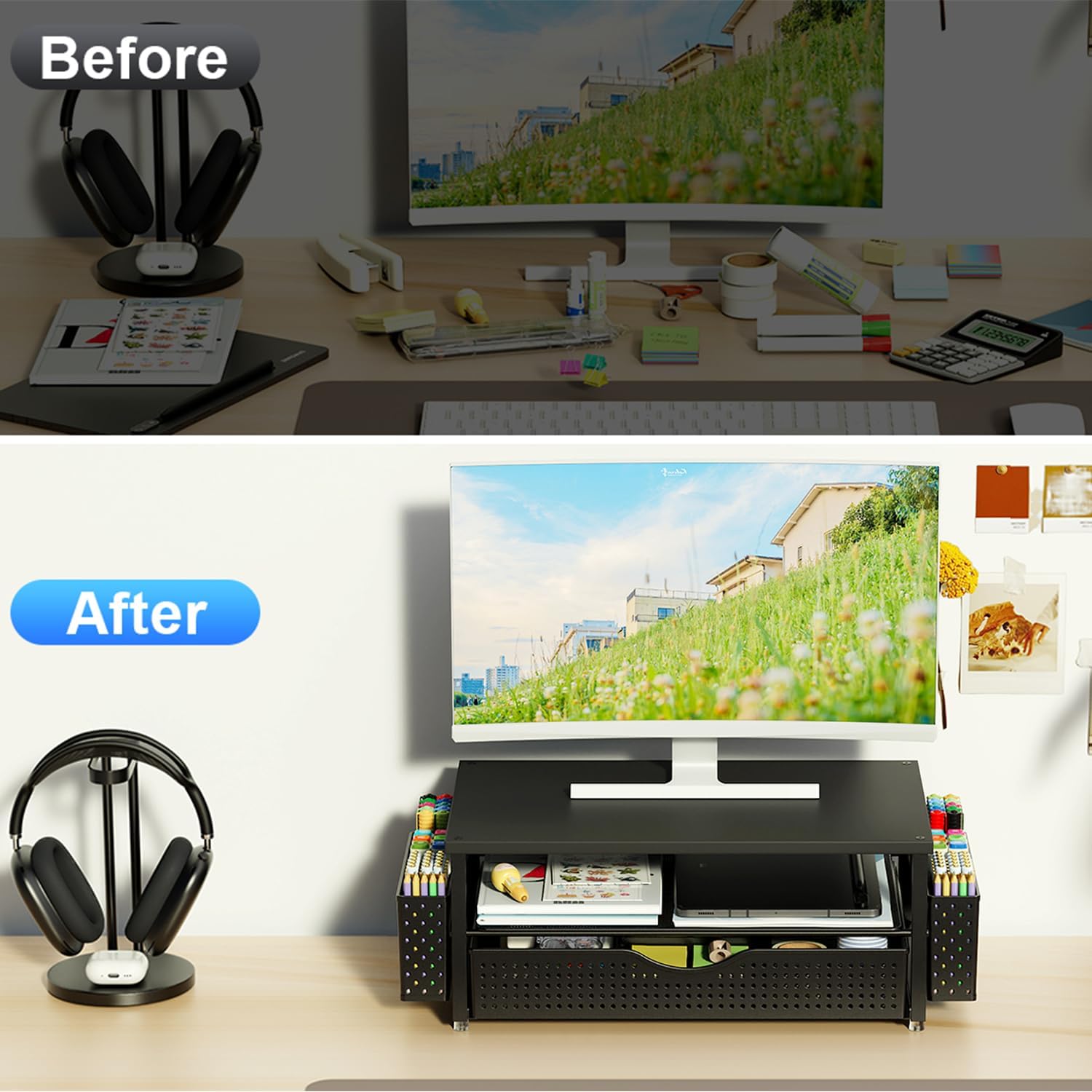 Spacrea Desk Organizer and Accessories, Computer Monitor Stand Riser with Drawer and 2 Pen Holders, Office Desk Accessories & Workspace Organizers for Office Supplies (Black) - Image 2