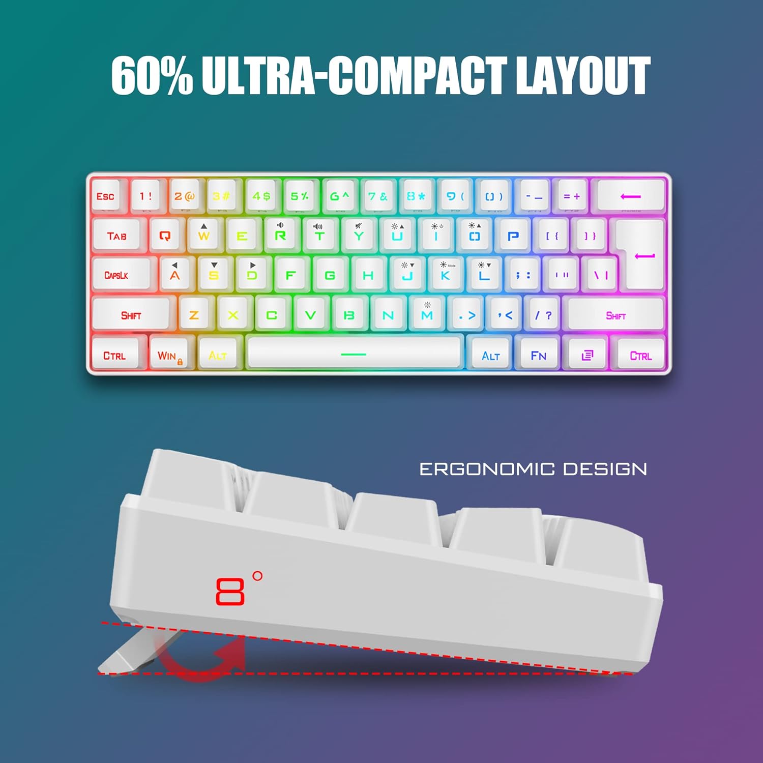RedThunder 60% Mini Gaming Keyboard and Mouse Combo, Lightweight, Ultra-Compact 61 Keys RGB Backlit,7200 DPI Honeycomb Optical Mouse, Wired Gaming Set for PC MAC PS5 Xbox Gamer(White) - Image 2
