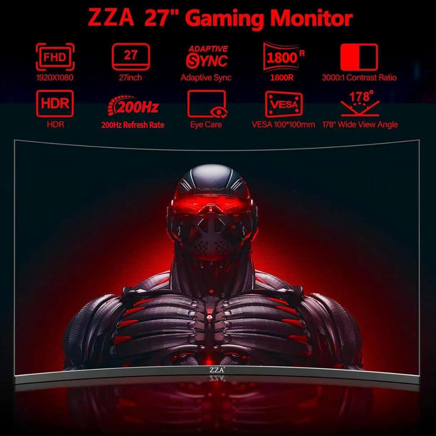 ZZA 27-Inch Curved Computer Monitor,200Hz|180Hz|144Hz Gaming Monitor,FHD 1080P 1800R VA Screen, Monitor 27 inch 100% sRGB, AMD FreeSync,Eye Care,Ultra-Thin,Bezels HDMI & DP Port - Image 3