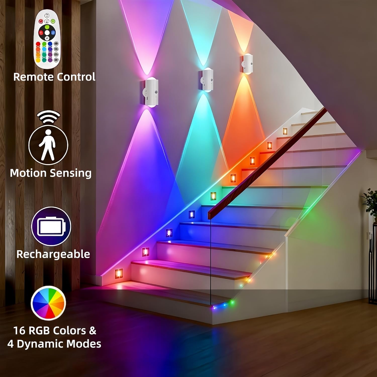 4 Pack Rechargeable Dynamic RGB LED Wall Lamp, Motion-Sensing Step Lights with Remote Control, 1200mAh Battery, Dimmable, Magnetic Mount for Staircase, Hallway, Bedroom, Kitchen, Bar - Image 2