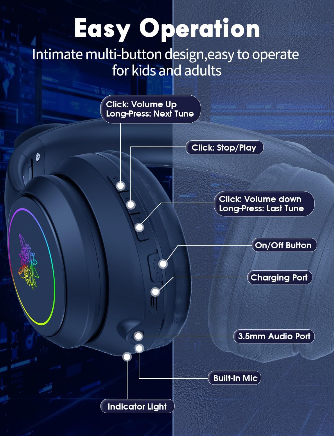 Cat Ear Bluetooth Headphones for Kids & Adults, 55H Play Time, Wireless Foldable & Wired Multi-Function LED Light Up Over Ear Headphones with Mic and Volume Control for iPhone/iPad/Laptop/PC - Image 7