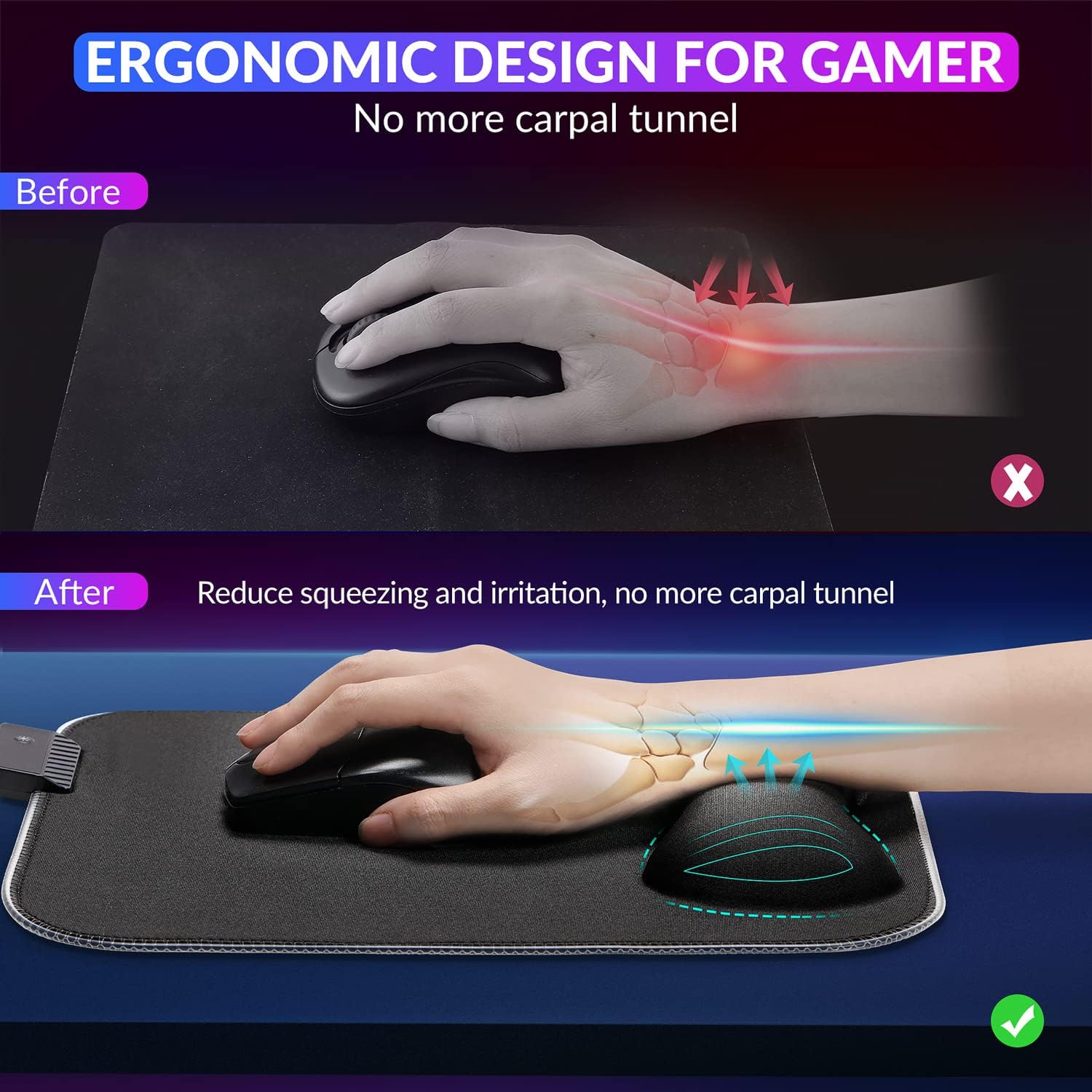 Gimars RGB Mouse Pad with Wrist Rest Support, 12 x 10 in Extra Large Ergonomic Gaming Mouse Pad with 10 LED Lighting Modes, Non-Slip Rubber Base for PC Gaming & Office - Image 4