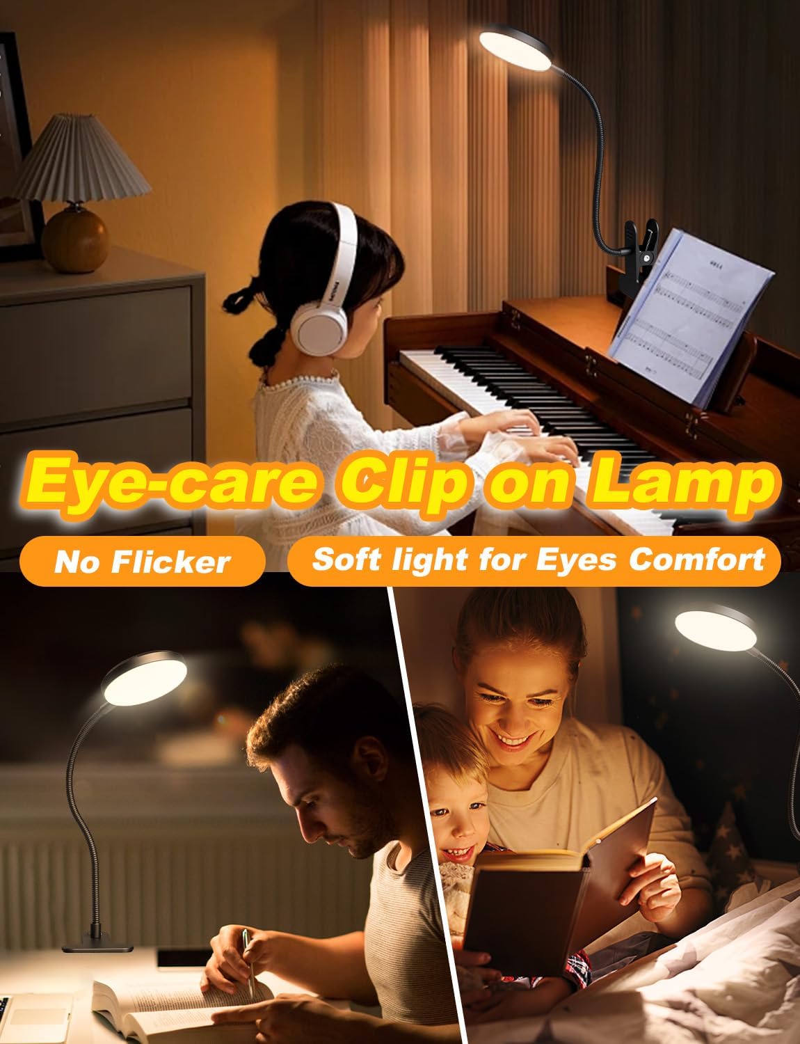 Desk Lamp with Clamp-10W,2-in-1 with RGB Ambient & Warm White Light,Book Reading Light Color Changeable/Flexible Gooseneck LED Lamps Clip on Bed Headboard and Computers 800LM-Black - Image 6
