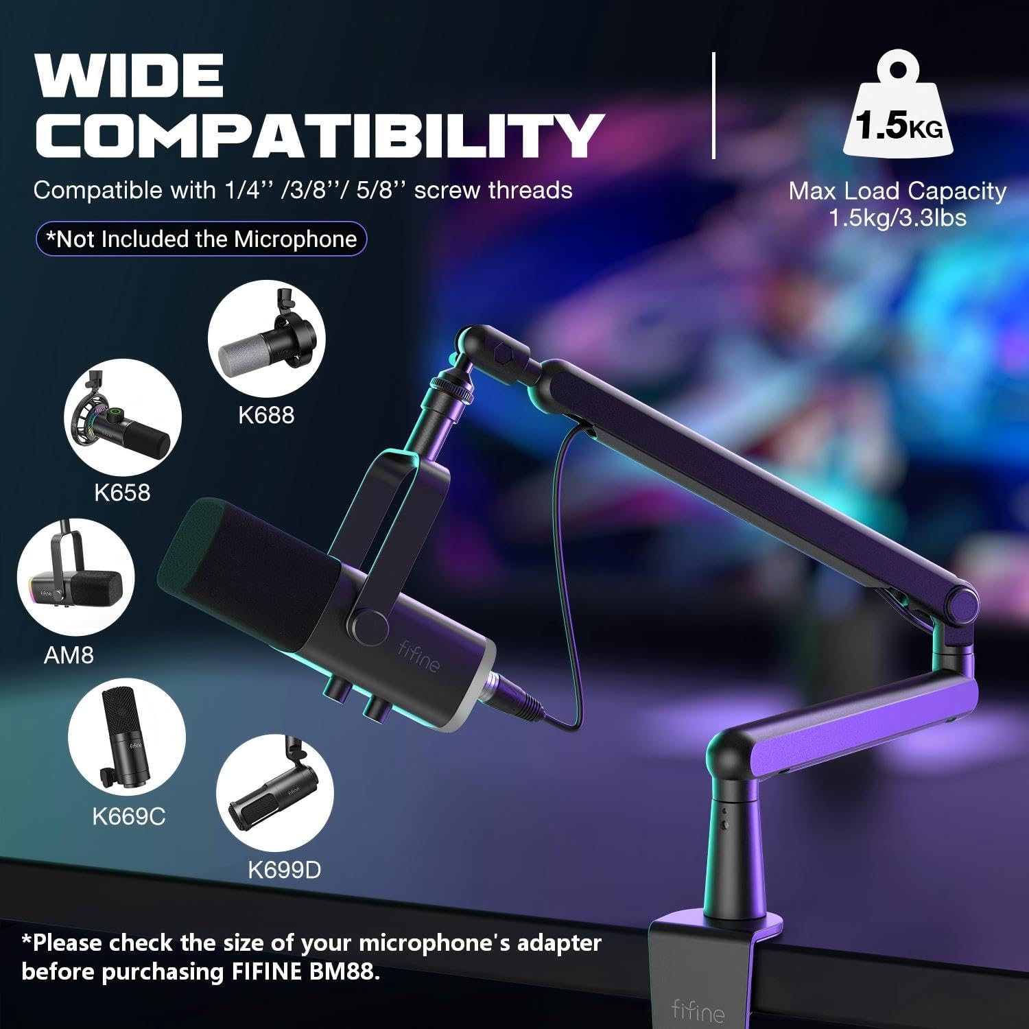 FIFINE Microphone Boom Arm, Low Profile Adjustable Stick Microphone Arm Stand with Desk Mount Clamp, Screw Adapter, Cable Management, for Podcast Streaming Gaming Studio-BM88 - Image 4