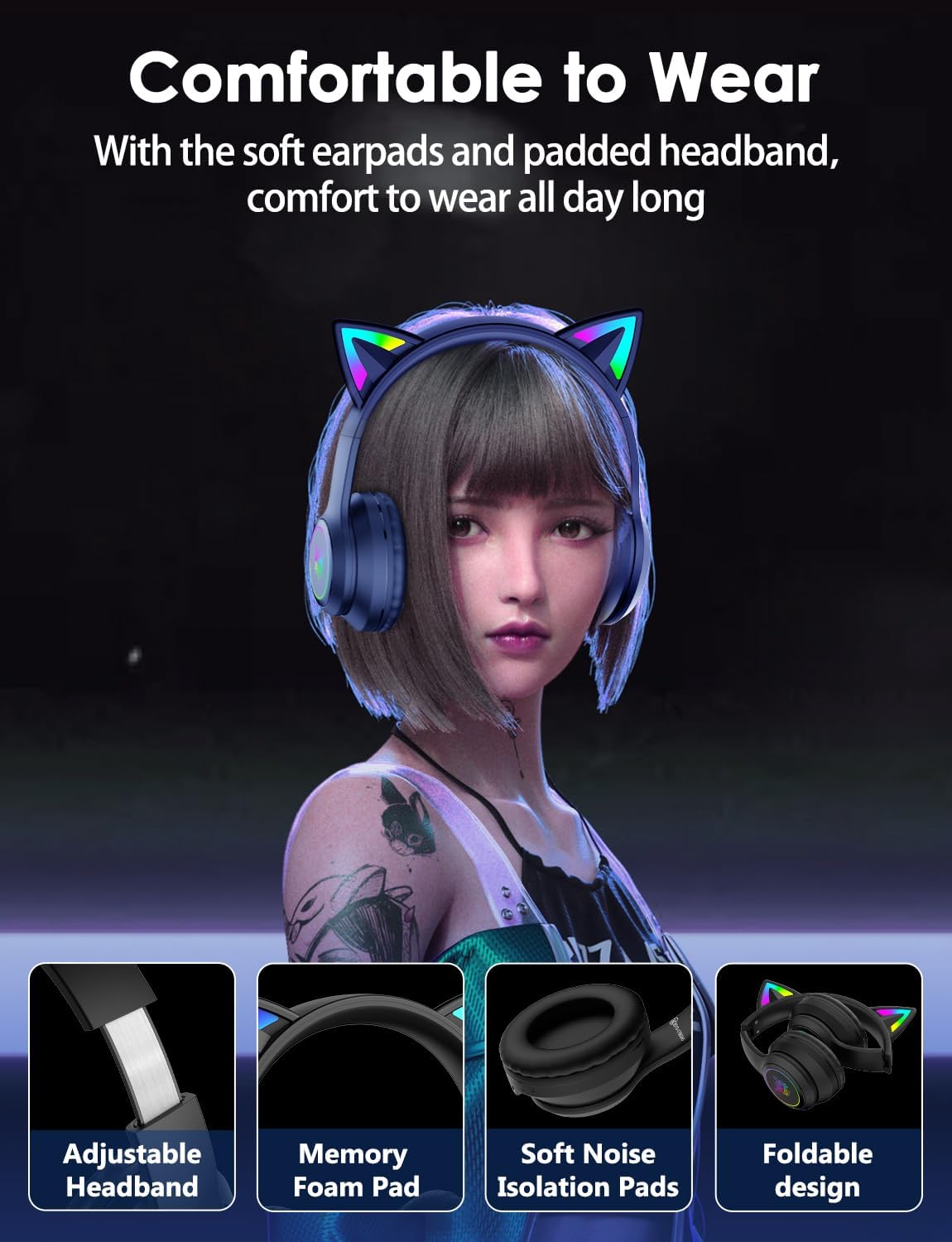 Cat Ear Bluetooth Headphones for Kids & Adults, 55H Play Time, Wireless Foldable & Wired Multi-Function LED Light Up Over Ear Headphones with Mic and Volume Control for iPhone/iPad/Laptop/PC - Image 6