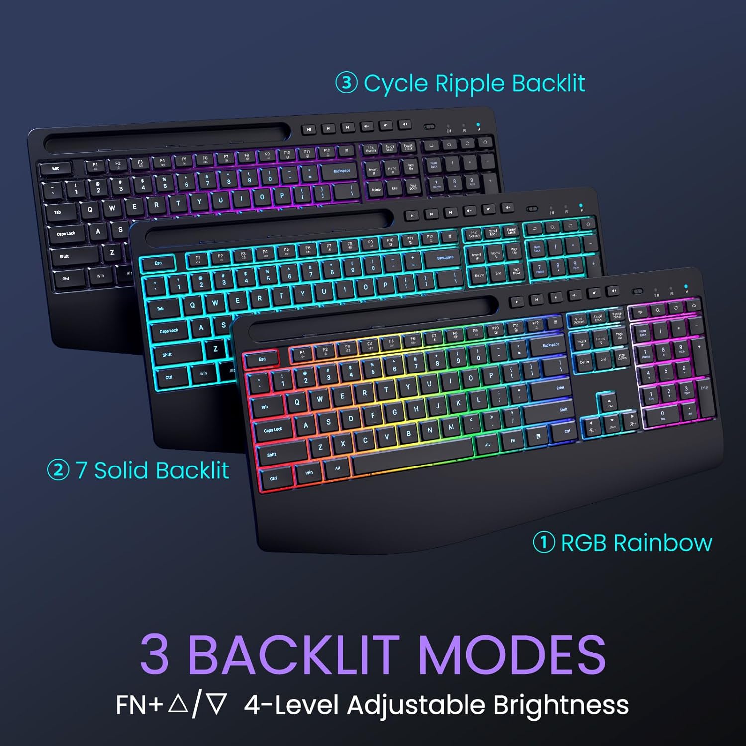 Wireless Keyboard and Mouse Combo- VEILZOR 2.4G Rechargeable Keyboard with Phone Holder, Ergonomic Wrist Rest, 9 RGB Backlit Effects, Silent Keyboard Mouse Set for Windows, Laptop, PC - Image 2
