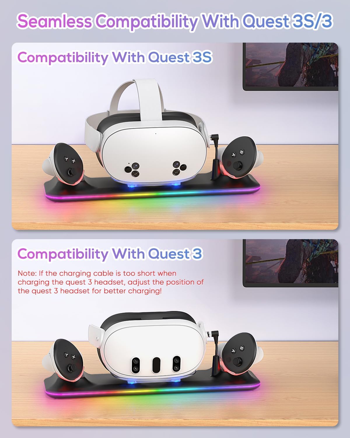Charging Dock for Meta Quest 3S/3, Kinwin Magnetic Charging Station for Oculus Quest 3S/3 Accessories with RGB Light, Charging Stand for VR Headset & Controller with 2 Rechargeable Batteries (Black) - Image 4