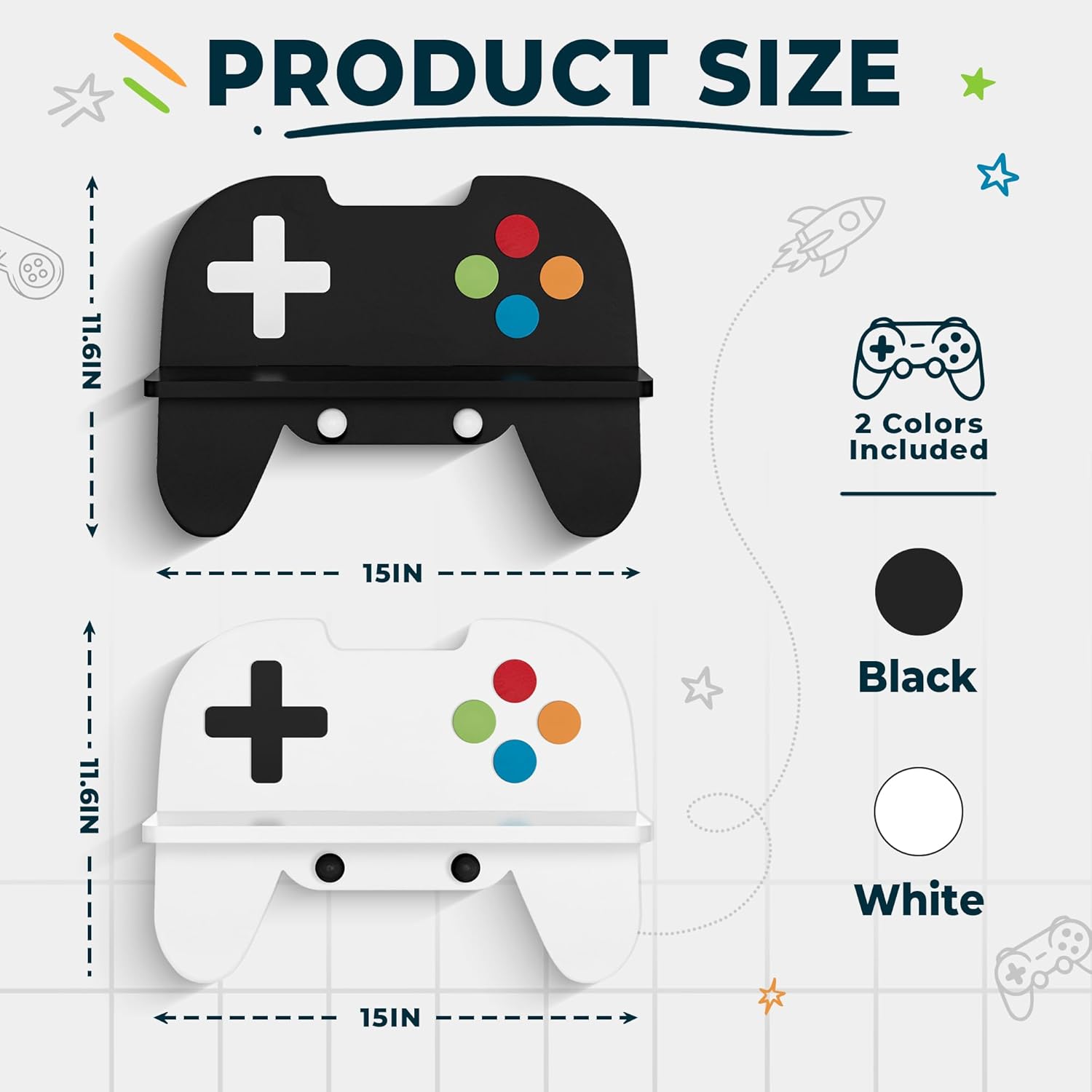Gaming Room Decor Floating Shelves Set of 2, Controller Wall Shelf with Headphone Hooks, Gamer Wall Decor for Teen Boys Bedroom, Black & White - Image 3