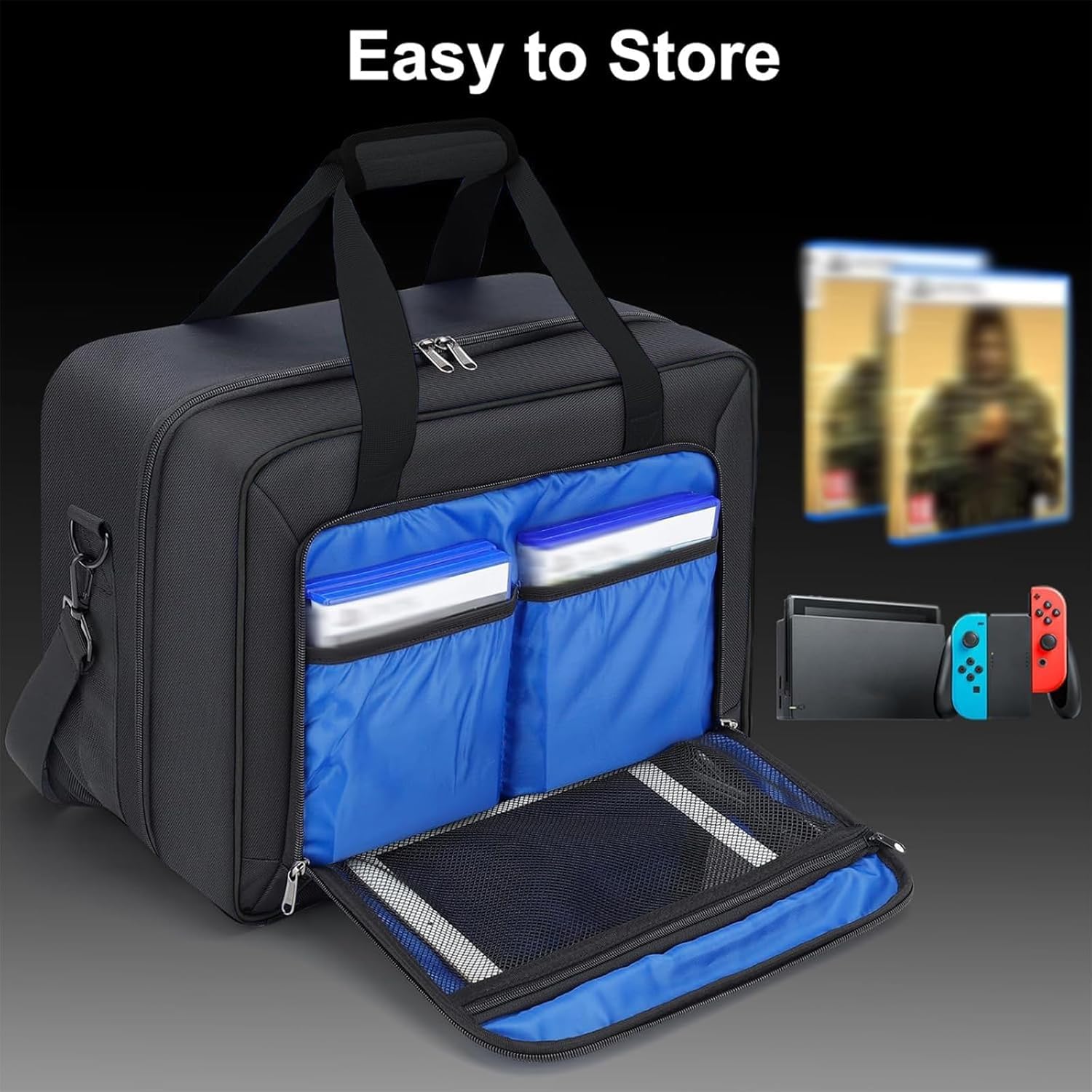 GDNasist Carrying Case Fit for PS5, Travel Thickened Protective Bag Compatible with Playstation 5 Console, Headset, PS5 Controller, Game Discs, and Gaming Accessories, All Black - Image 4