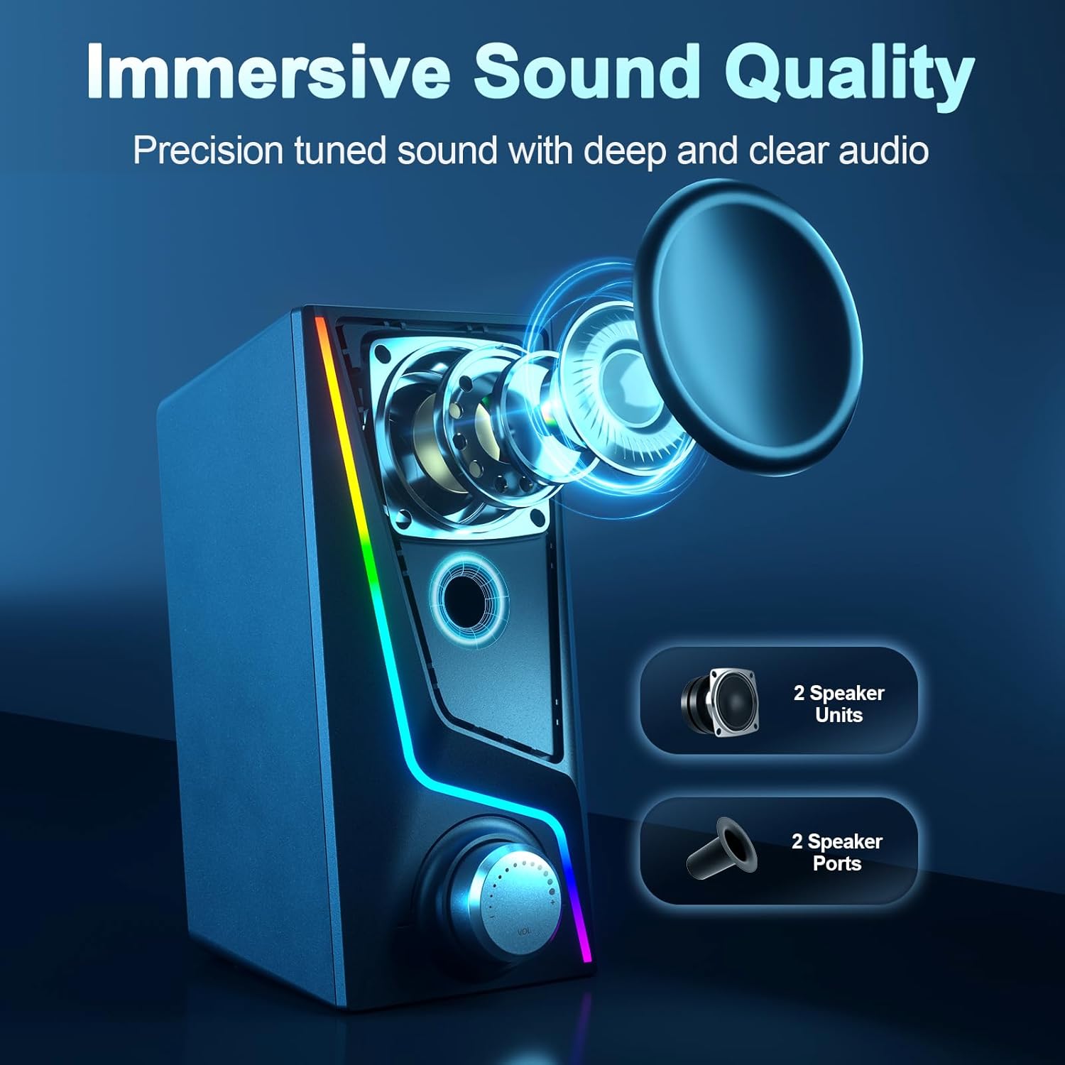 Nylavee Computer Speakers with Subwoofer, 2.1 PC Speakers System with 8 Lighting Modes, 60W Peak Power, AC Adapter Powered, Bluetooth 5.4, USB/USB-C and 3.5mm Aux in for Desktop, Monitor, Gaming - Image 3