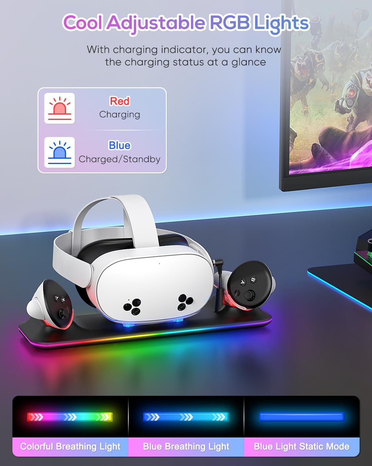 Charging Dock for Meta Quest 3S/3, Kinwin Magnetic Charging Station for Oculus Quest 3S/3 Accessories with RGB Light, Charging Stand for VR Headset & Controller with 2 Rechargeable Batteries (Black) - Image 3