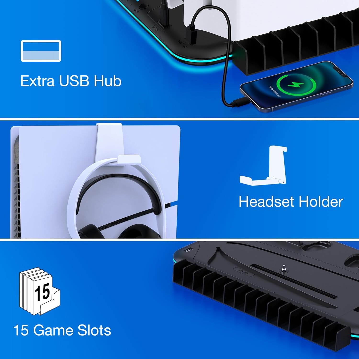 PS5/Slim/Pro Stand and Cooling Station with Controller Charging Station for PlayStation 5 Slim/Pro Console, PS5 Controller Charger, Cooling Stand, LED Light, Headset Holder for PS5 Accessories - Image 8