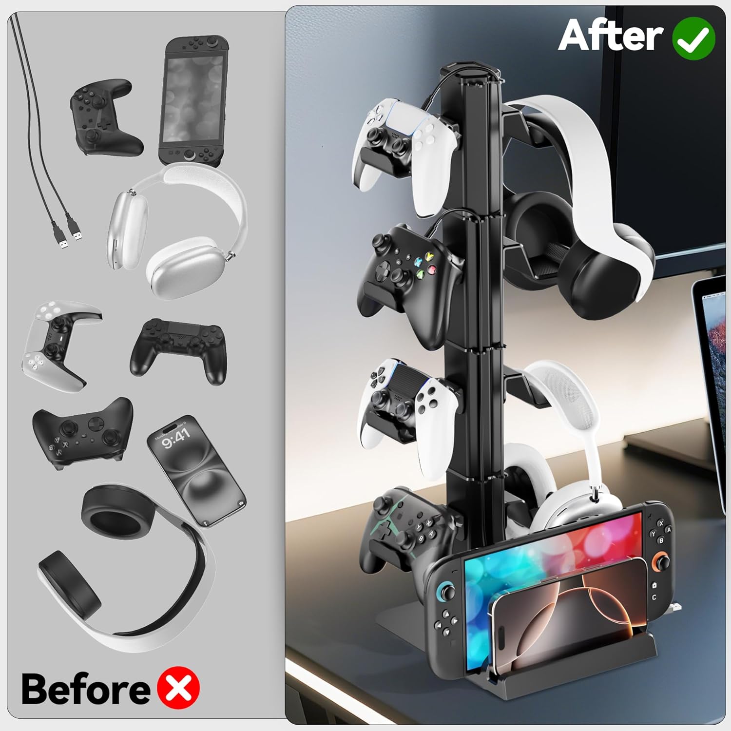 Gaming Headset & Controller Holder Stand for Gamer Gift, Game Headphone Desk Organizer Storage with Cable Hook for Xbox/ PS5/ PS4/ Controller, Nintendo Switch 1/ 2/ PS Portal for Nintendo 64 Consoles - Image 6