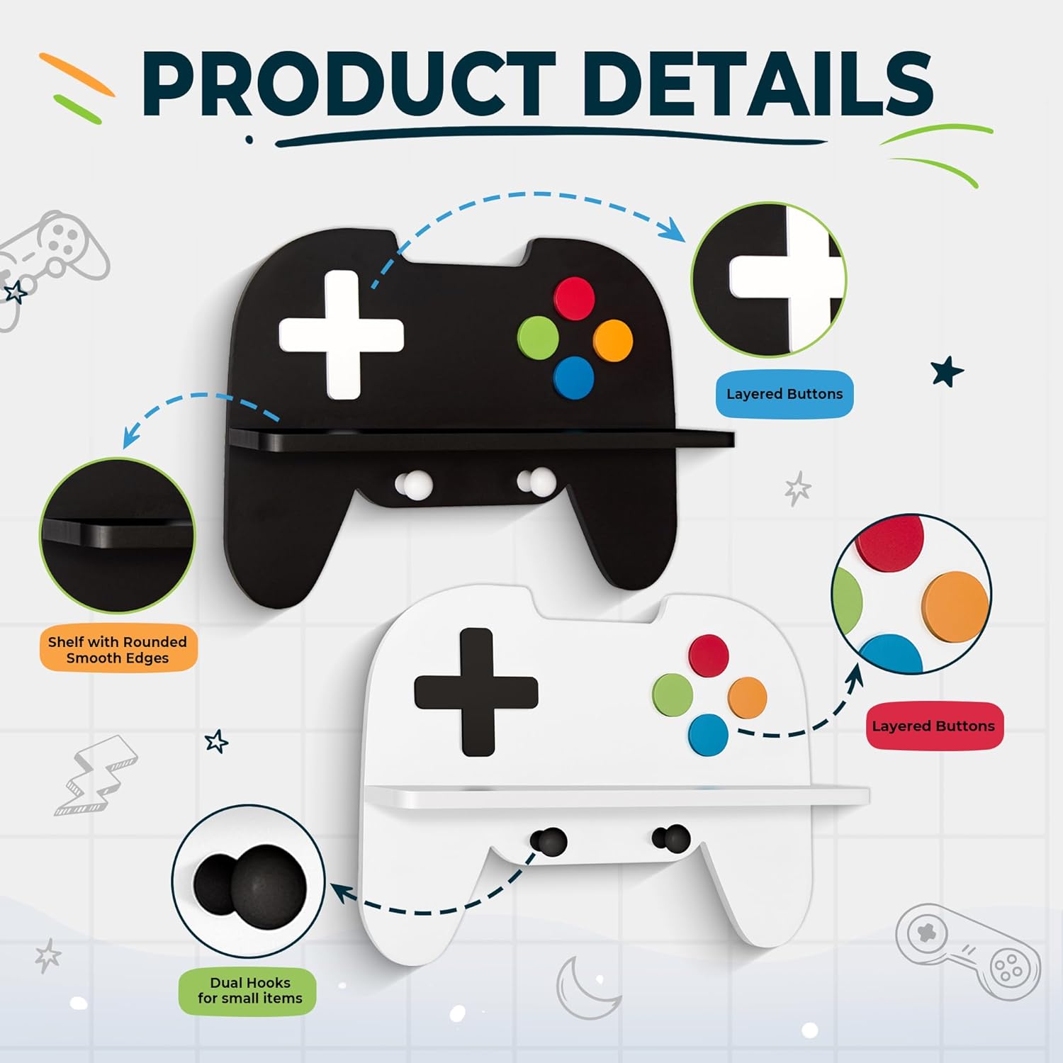 Gaming Room Decor Floating Shelves Set of 2, Controller Wall Shelf with Headphone Hooks, Gamer Wall Decor for Teen Boys Bedroom, Black & White - Image 6