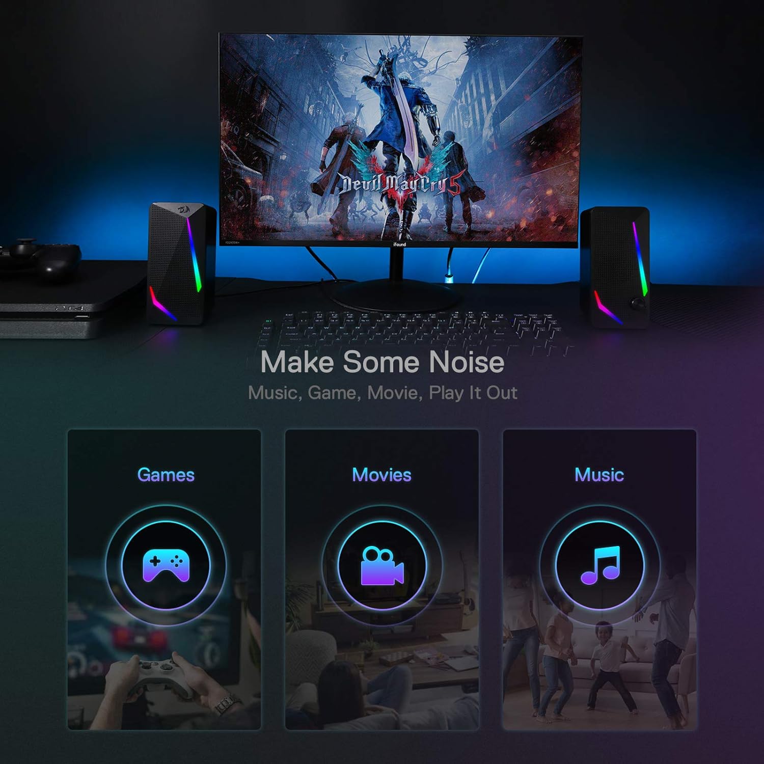 Redragon GS510 RGB Desktop Speakers, 2.0 Channel PC Computer Speaker with 4 Colorful LED Backlight Modes, Enhanced Bass and Easy-Access Volume Control, USB Powered w/ 3.5mm Cable - Image 7