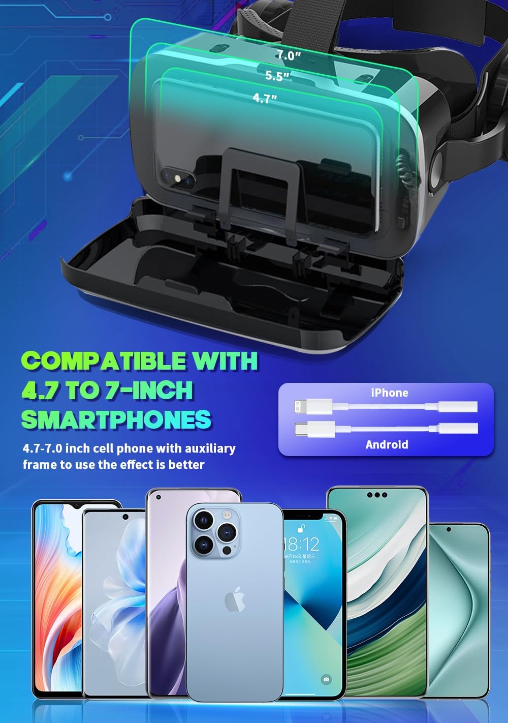 VR Headset with Built-in Headphones, 120° FOV Aspheric Lenses for 4.7-7" Smartphones, 3D VR Glasses Adjustable Focus/IPD, Compatible iPhone Android - Image 6