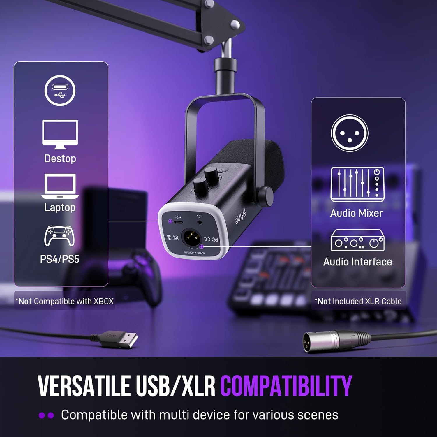 FIFINE XLR/USB Gaming Microphone Set, Dynamic PC Mic for Streaming Podcasting, Computer RGB Mic Kit with Boom Arm Stand, Mute Button, Headphones Jack, for Recording Vocal Voice-Over-AmpliGame AM8T - Image 7